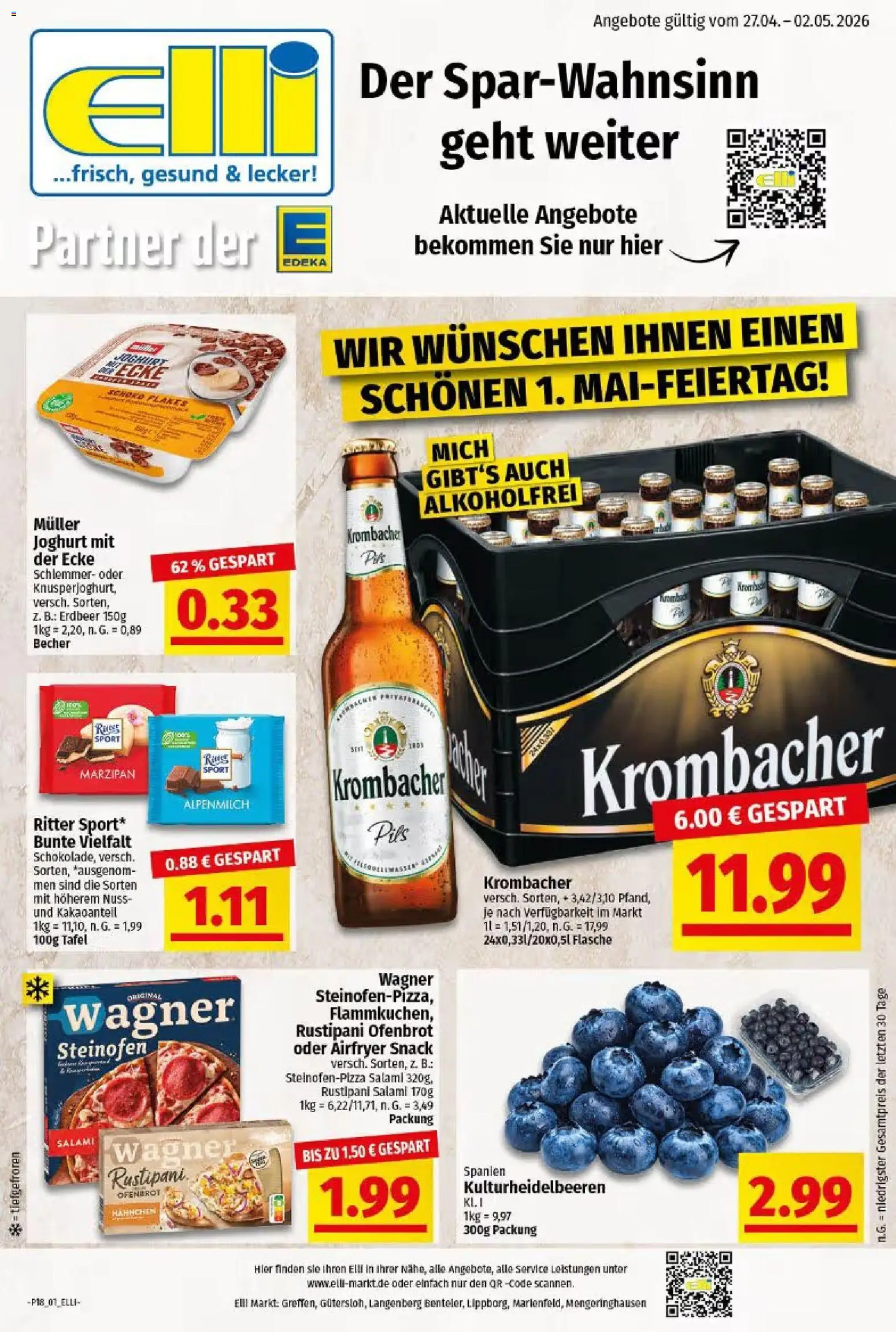 Elli Markt Prospekt Gütersloh – gültig ab 27.04.2026 | Seite: 1 | Produkte: Hahnchen, Joghurt, Pils, Salami