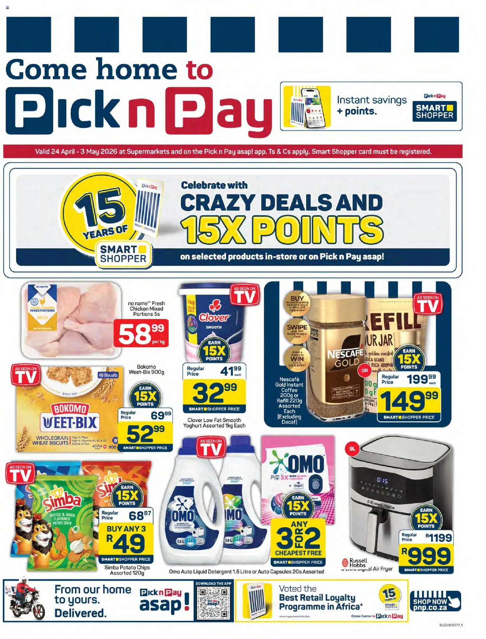 New Pick n Pay catalogue – valid from 24.04.2026 | Page: 1 | Products: Beans, Yoghurt, Chips, Detergent