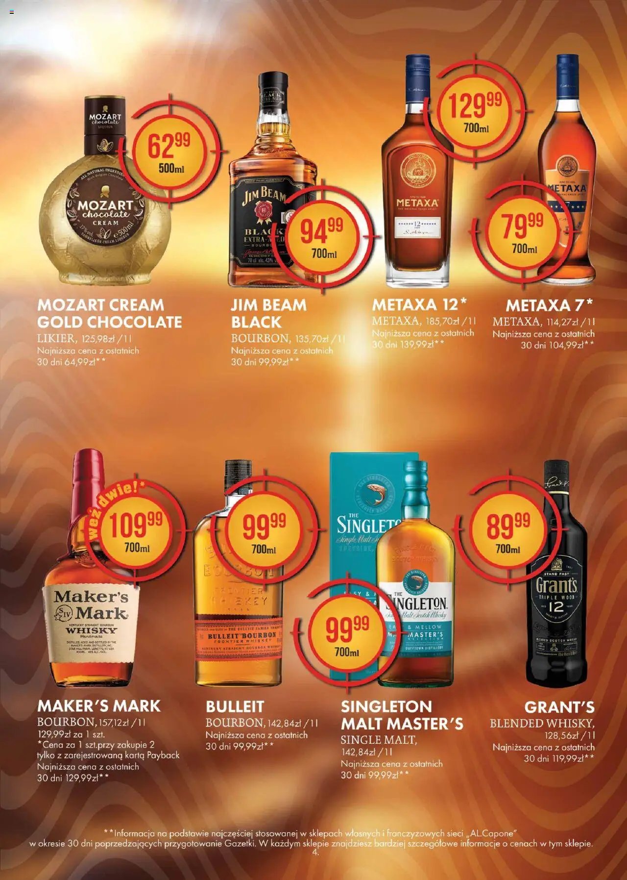 Al.Capone Gazetka od 08.09.2025 | Strona: 4 | Produkty: Bourbon, Jim Beam, Metaxa, Whisky