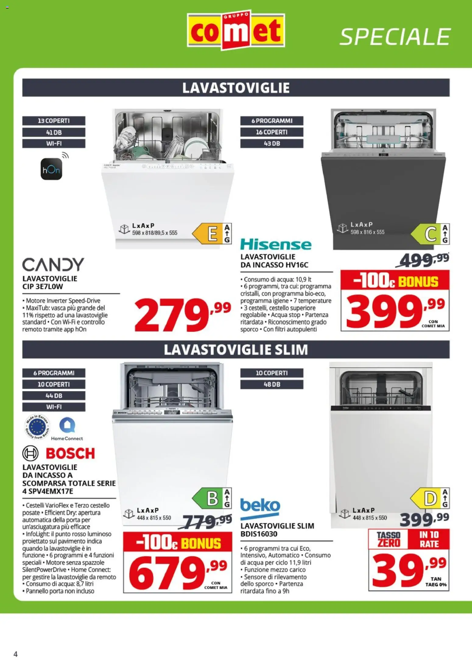 Volantino Comet del 13.04.2026 | Pagina: 4 | Prodotti: Lavastoviglie da incasso, Pavimento, Acqua, Lavastoviglie