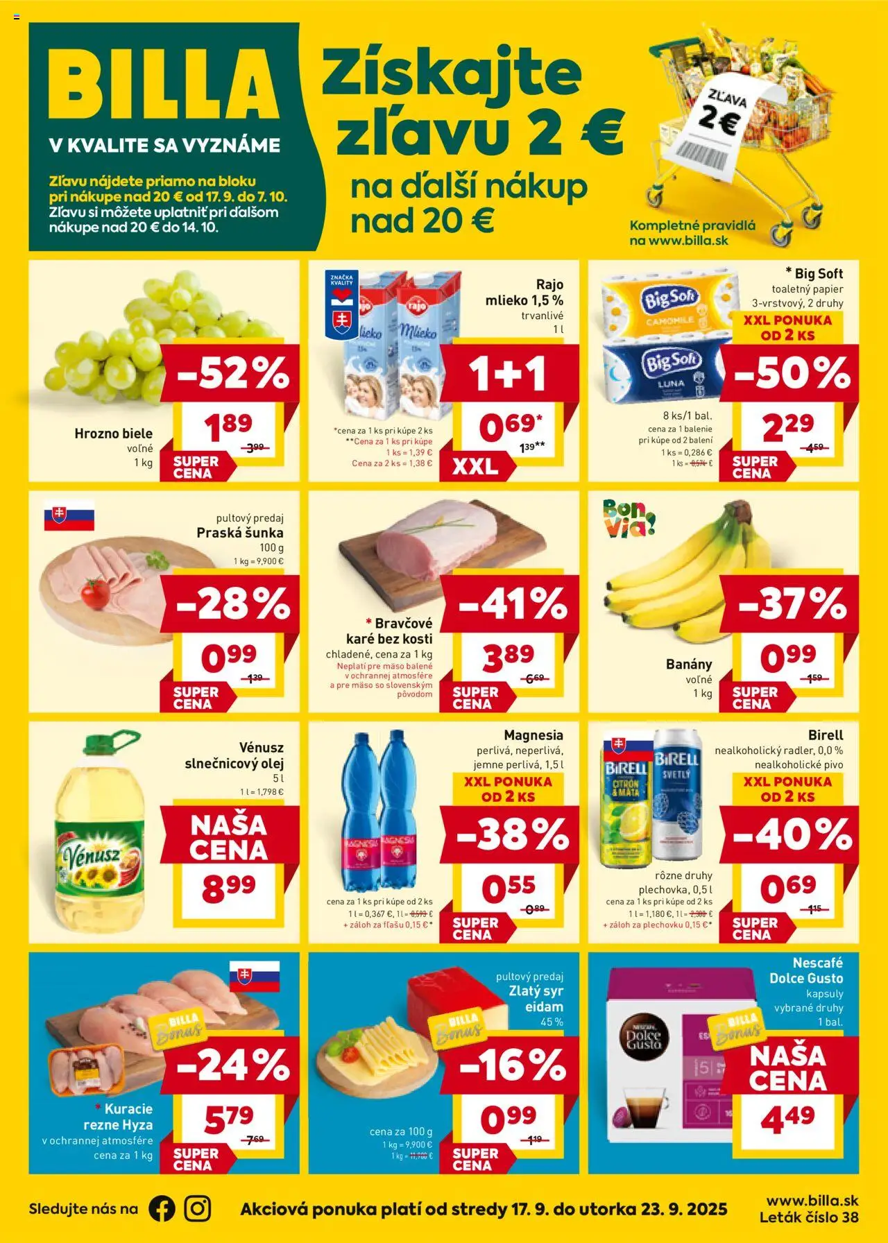 Nové Billa akcie – leták je platný od 17.09.2025 | Strana: 1 | Produkty: Dolce Gusto, Pivo, Magnesia