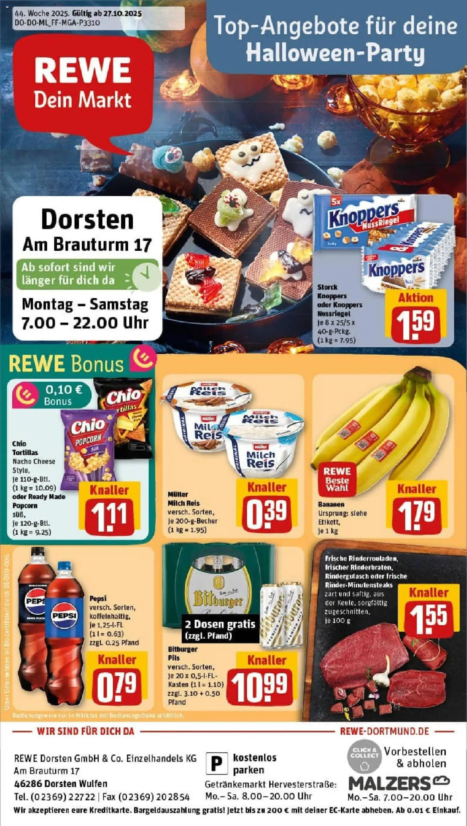 Rewe prospekt Dorsten	 – gültig ab 26.10.2025 | Seite: 1 | Produkte: Rindergulasch, Pils, Bananen, Reis