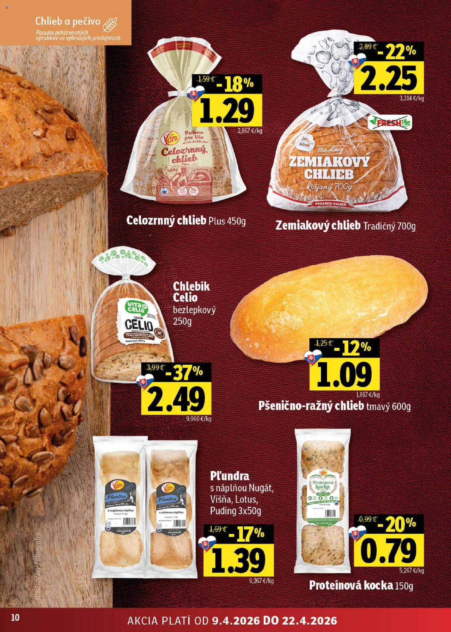 Nové Fresh akcie – leták je platný od 09.04.2026 | Strana: 10 | Produkty: Pekáreň, Chlieb, Puding