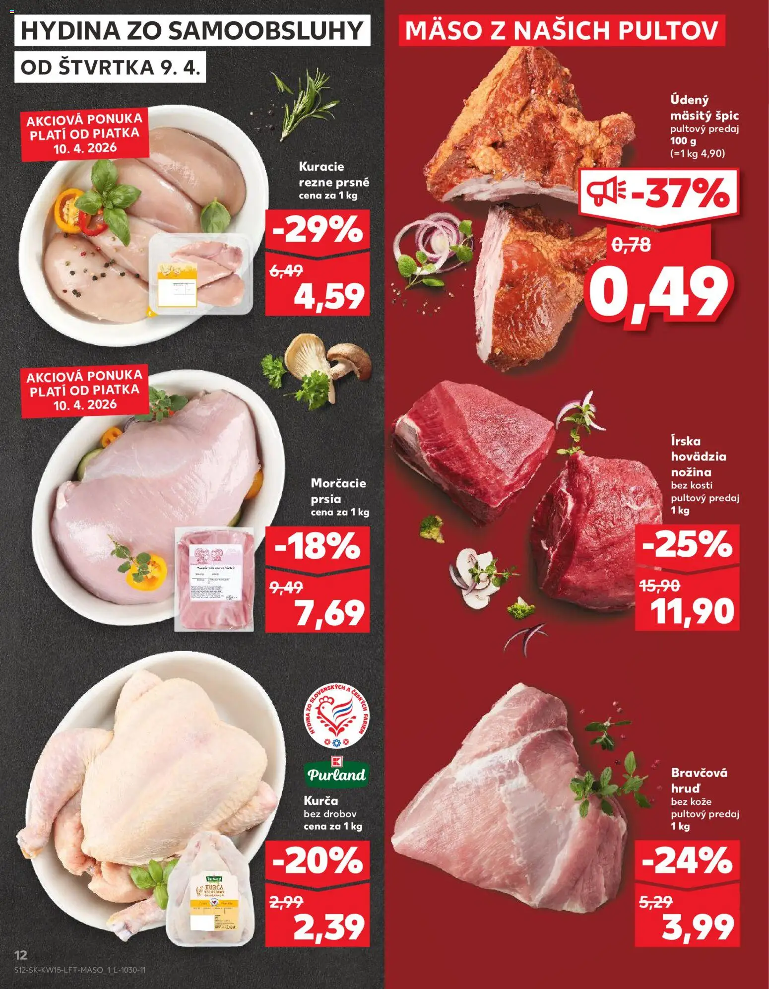 Nové Kaufland akcie – leták je platný od 09.04.2026 | Strana: 12 | Produkty: Kuracie rezne, Kurča