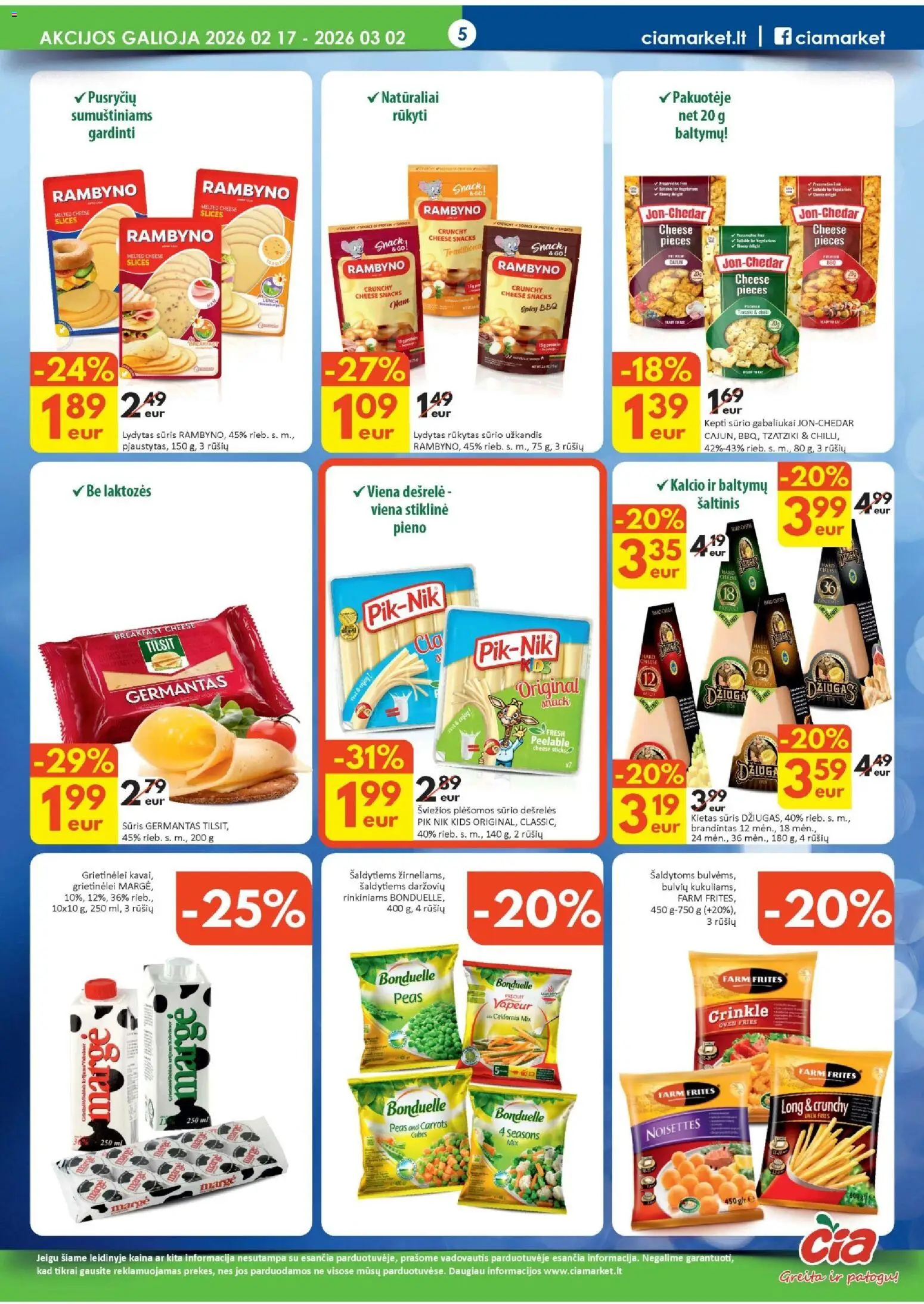 ČIA MARKET akcijos nuo 17.02.2026 | Puslapis: 5 | Prekių: Dešrelės, Sūris, Lydytas sūris