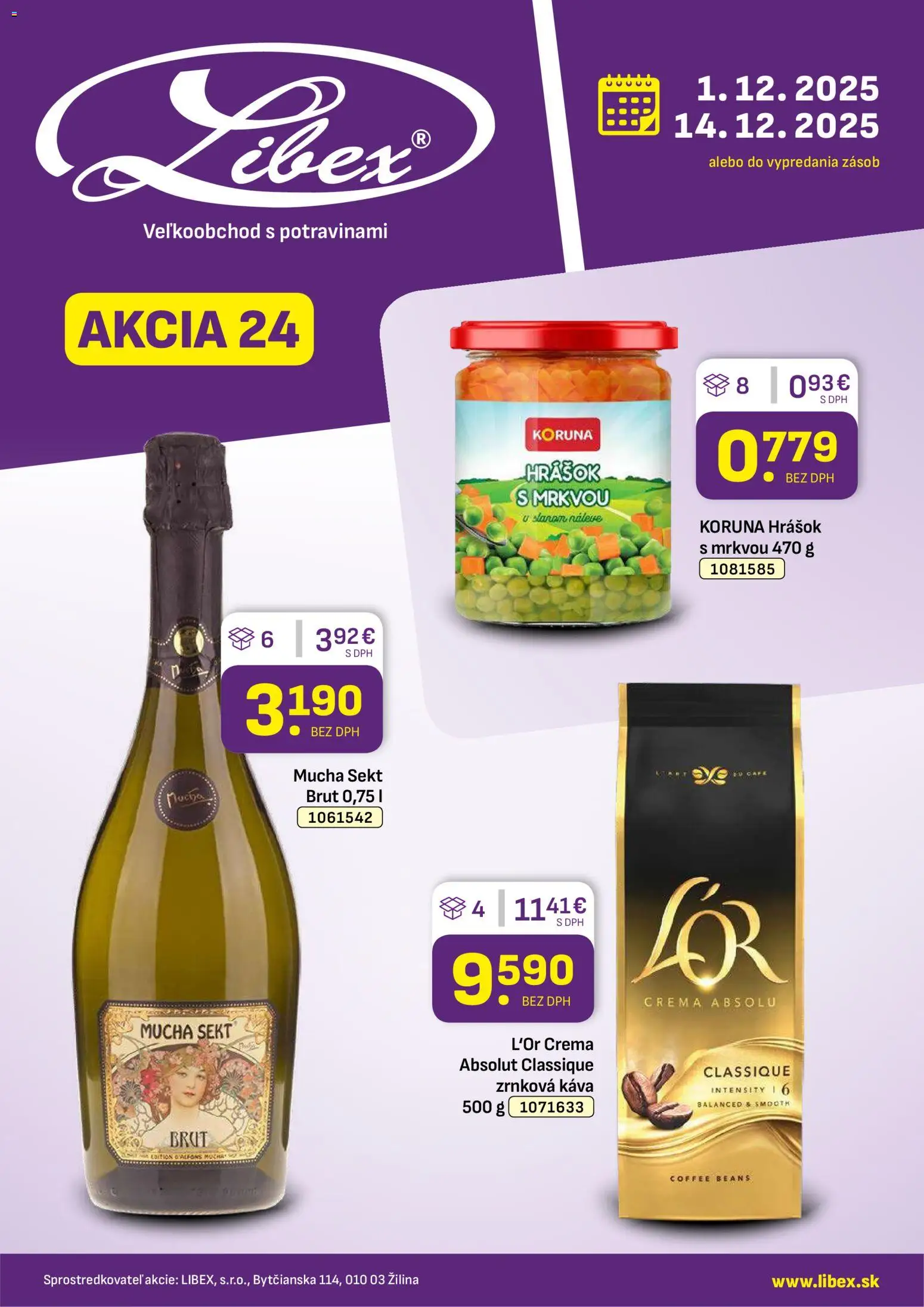 Nové Libex akcie – leták je platný od 01.12.2025 | Strana: 1 | Produkty: Káva, Hrášok, Zrnková káva