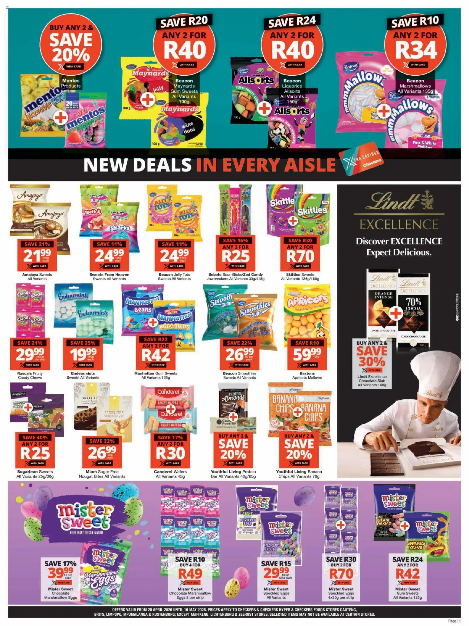 New Checkers catalogue – valid from 20.04.2026 | Page: 11 | Products: Detergente líquido, Eggs, Wine, Protein bar