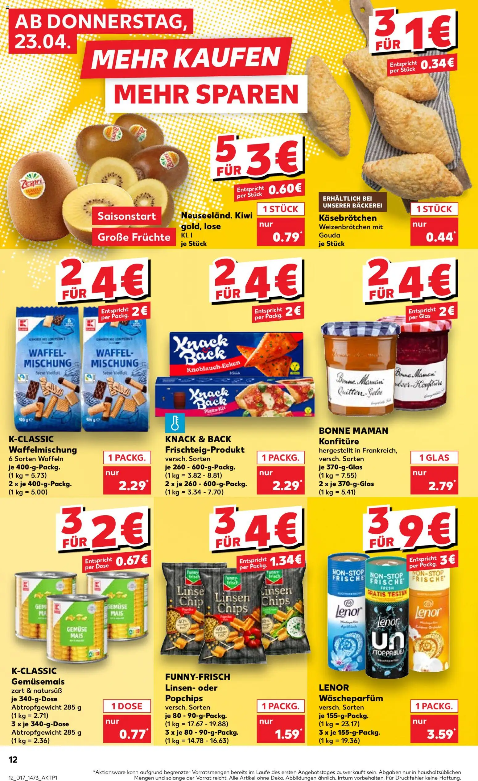 Kaufland Prospekt – gültig ab 23.04.2026 | Seite: 12 | Produkte: Lenor, Waffeln, Gemüse, Kiwi