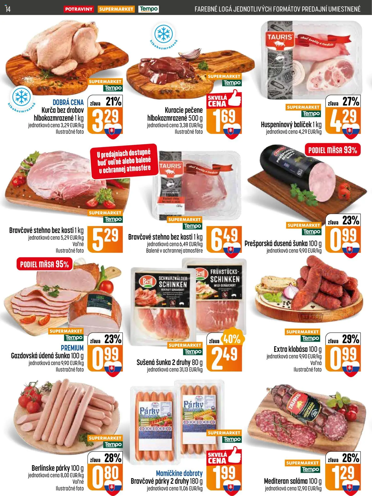 Nové COOP Jednota akcie – leták je platný od 22.01.2026 | Strana: 14 | Produkty: Saláma, Šunka, Klobása, Bravčové stehno