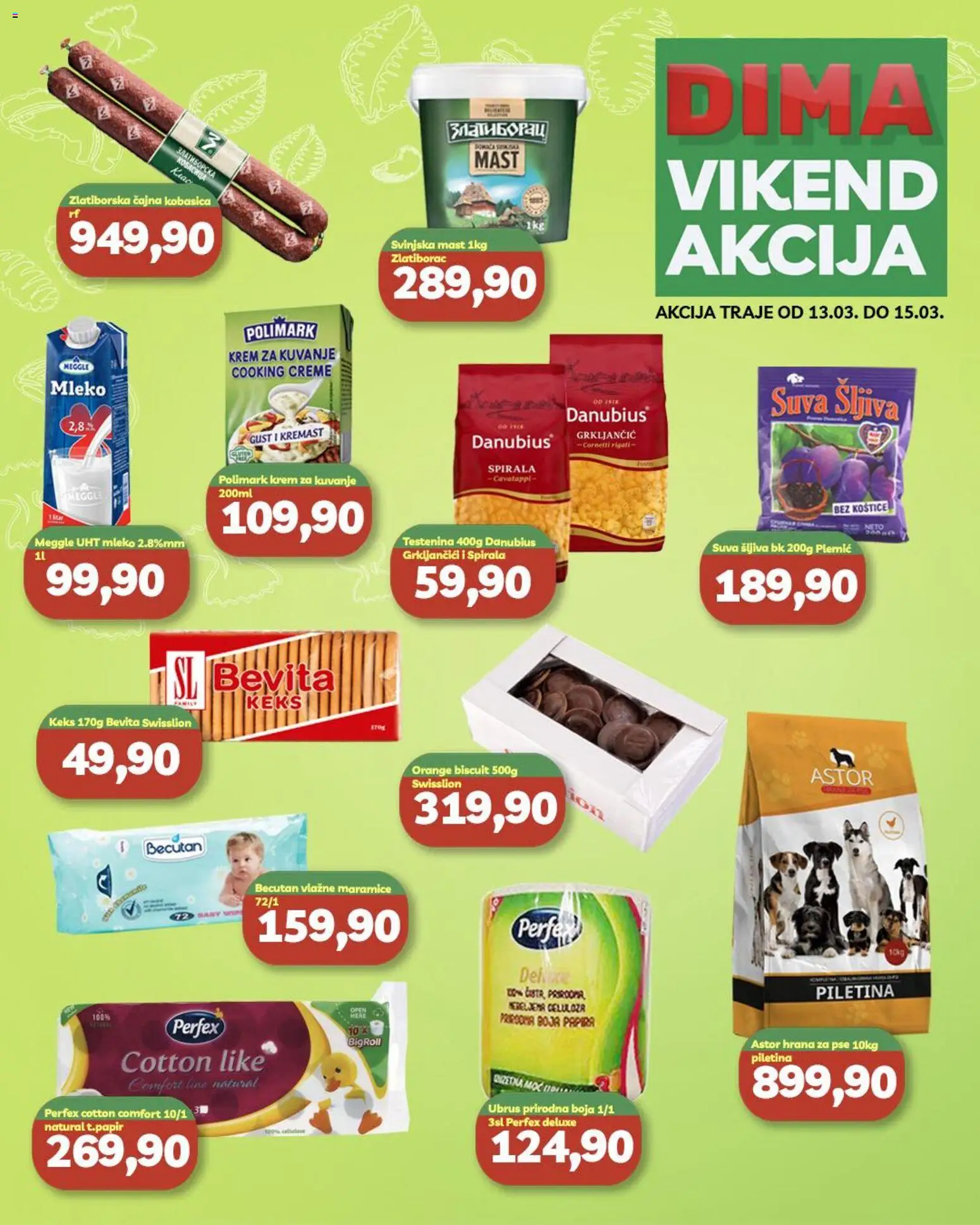 VP Dima katalog - važi od 13.03.2026 | Strana: 1 | Proizvode: Testenina, Hrana za pse, Svinjska mast, Kobasica