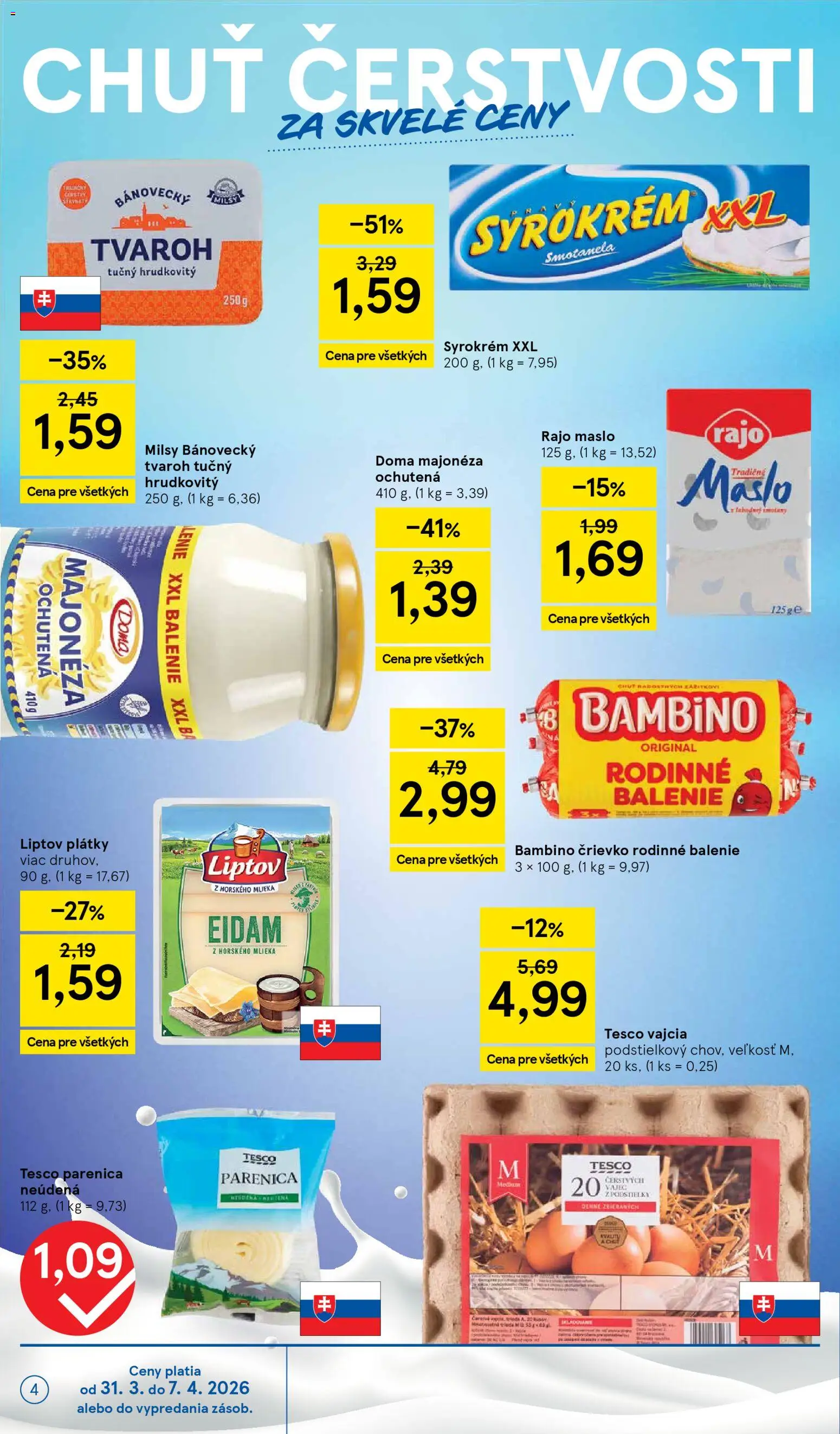 Nové Tesco akcie – leták je platný od 31.03.2026 | Strana: 4 | Produkty: Maslo, Vajcia, Eidam, Tvaroh