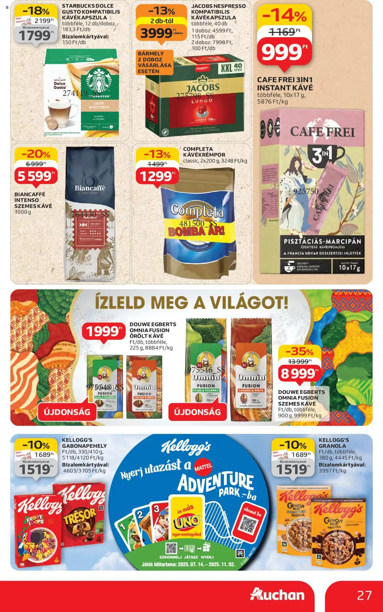 Auchan akciós ujság - amely érvényes a következő dátumtól: 14.08.2025 | Oldal: 27 | Termékek: Dolce Gusto, Játék, Szemes kávé, Őrölt kávé