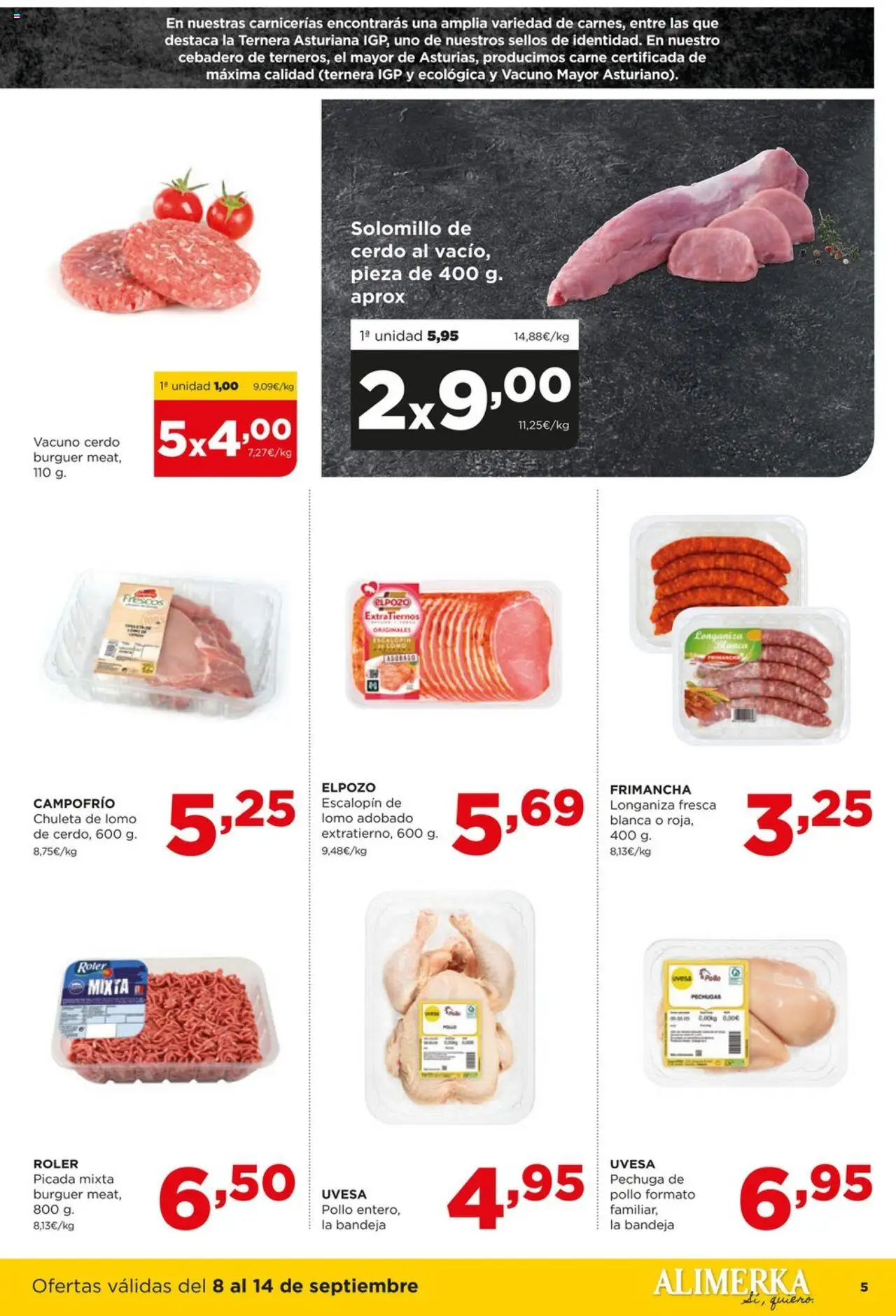 Alimerka folleto Castilla y León │ válido desde el 08.09.2025 | Página: 5 | Productos: Solomillo de cerdo, Cerdo, Longaniza, Bandeja