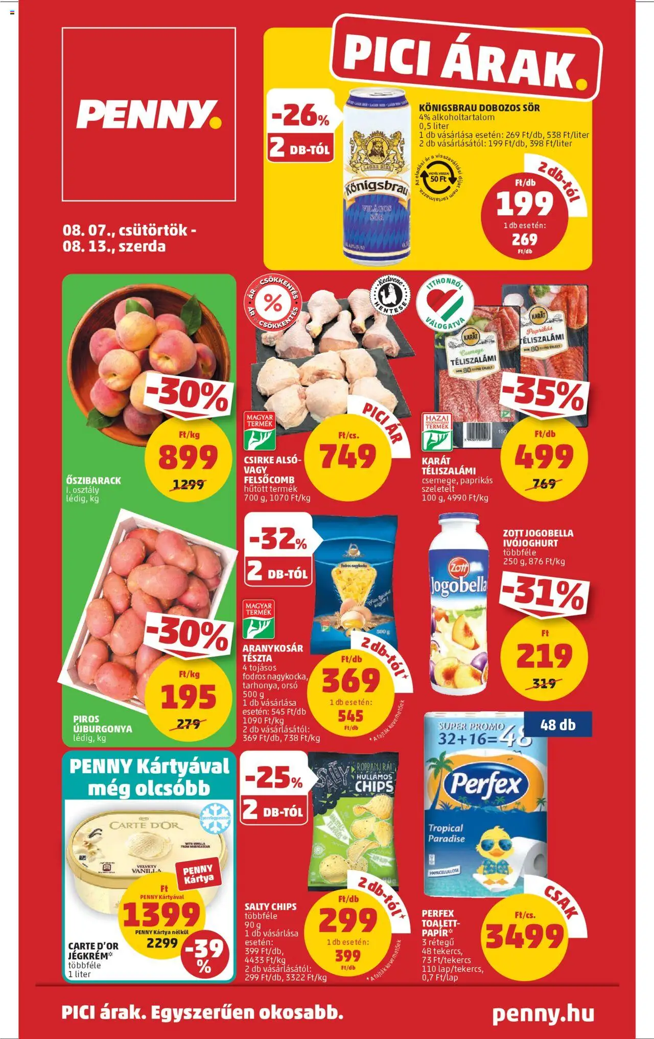 PENNY akciós ujság - amely érvényes a következő dátumtól: 07.08.2025 | Oldal: 1 | Termékek: Chips, Dobozos sör, Sör, Tészta