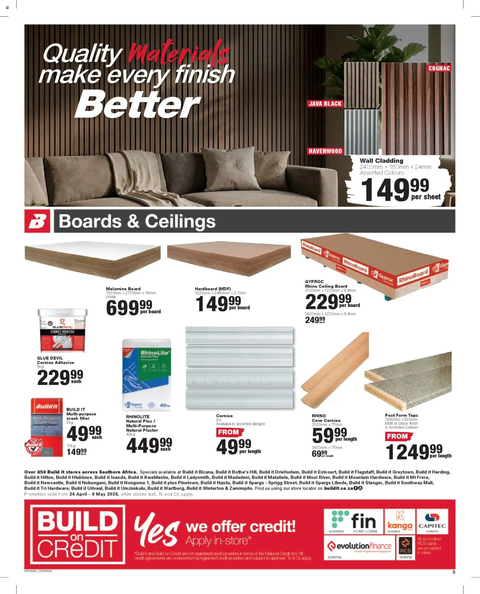 New Build It catalogue – valid from 24.04.2026 | Page: 5 | Products: Gloss, Adhesive, Crack filler, Plaster