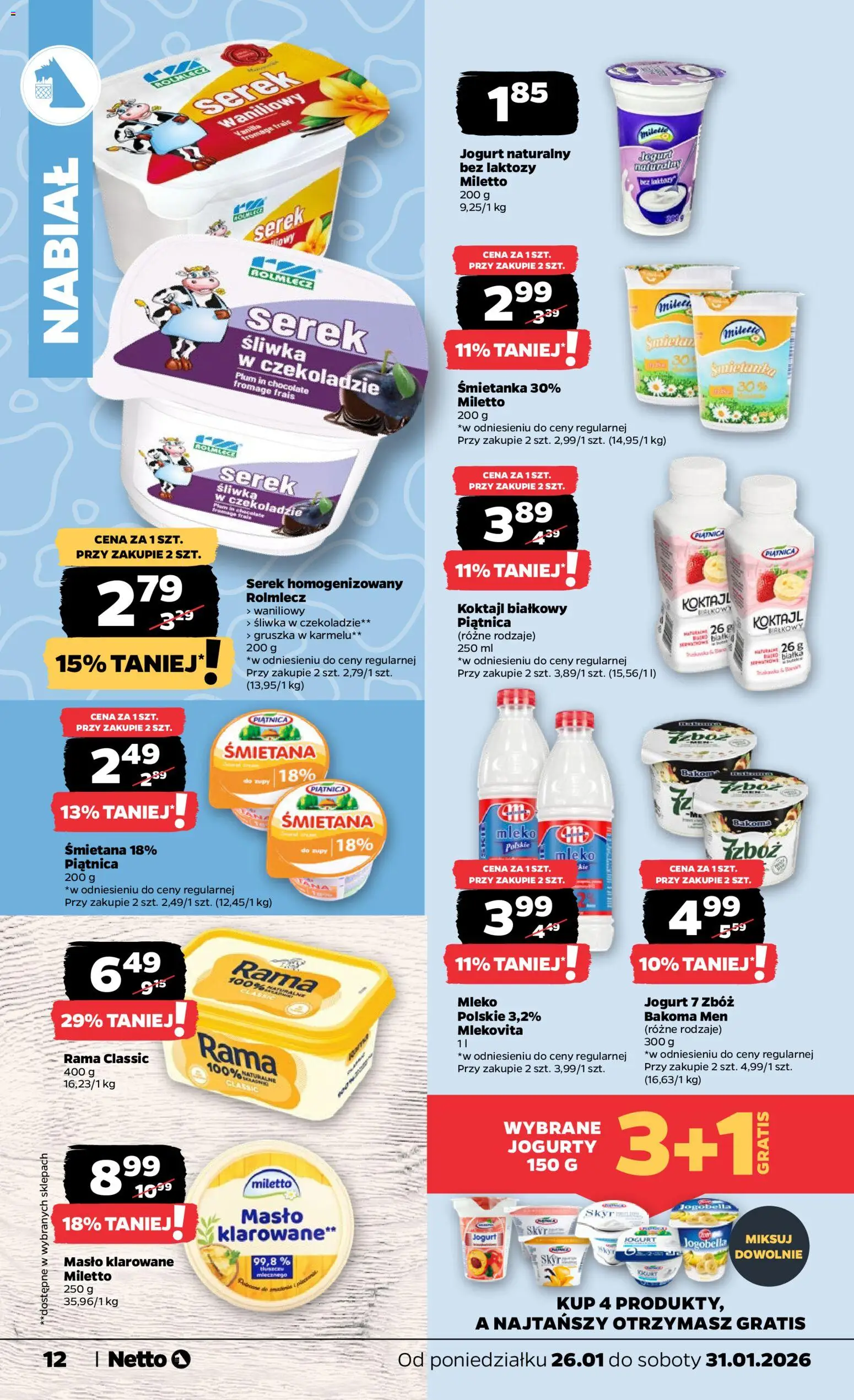 Netto gazetka - Spożywcza od 26.01.2026 | Strona: 12 | Produkty: Masło klarowane, Bez laktozy, Jogurt naturalny, Mleko