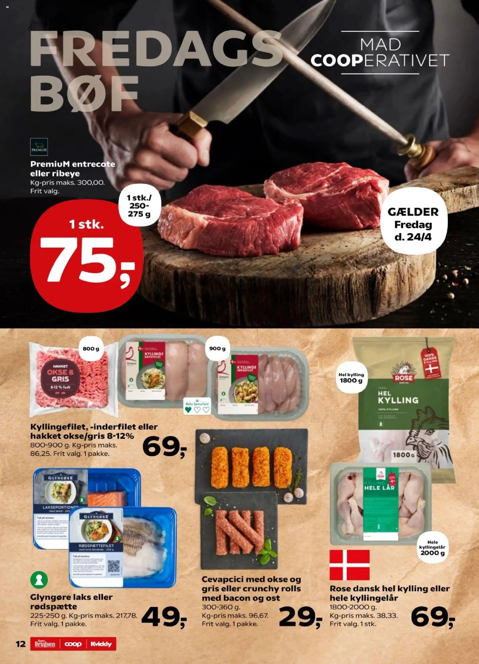 Kvickly tilbudsavis – gyldig fra 24.04.2026 | Side: 12 | Produkter: Ost, Entrecote, Bacon