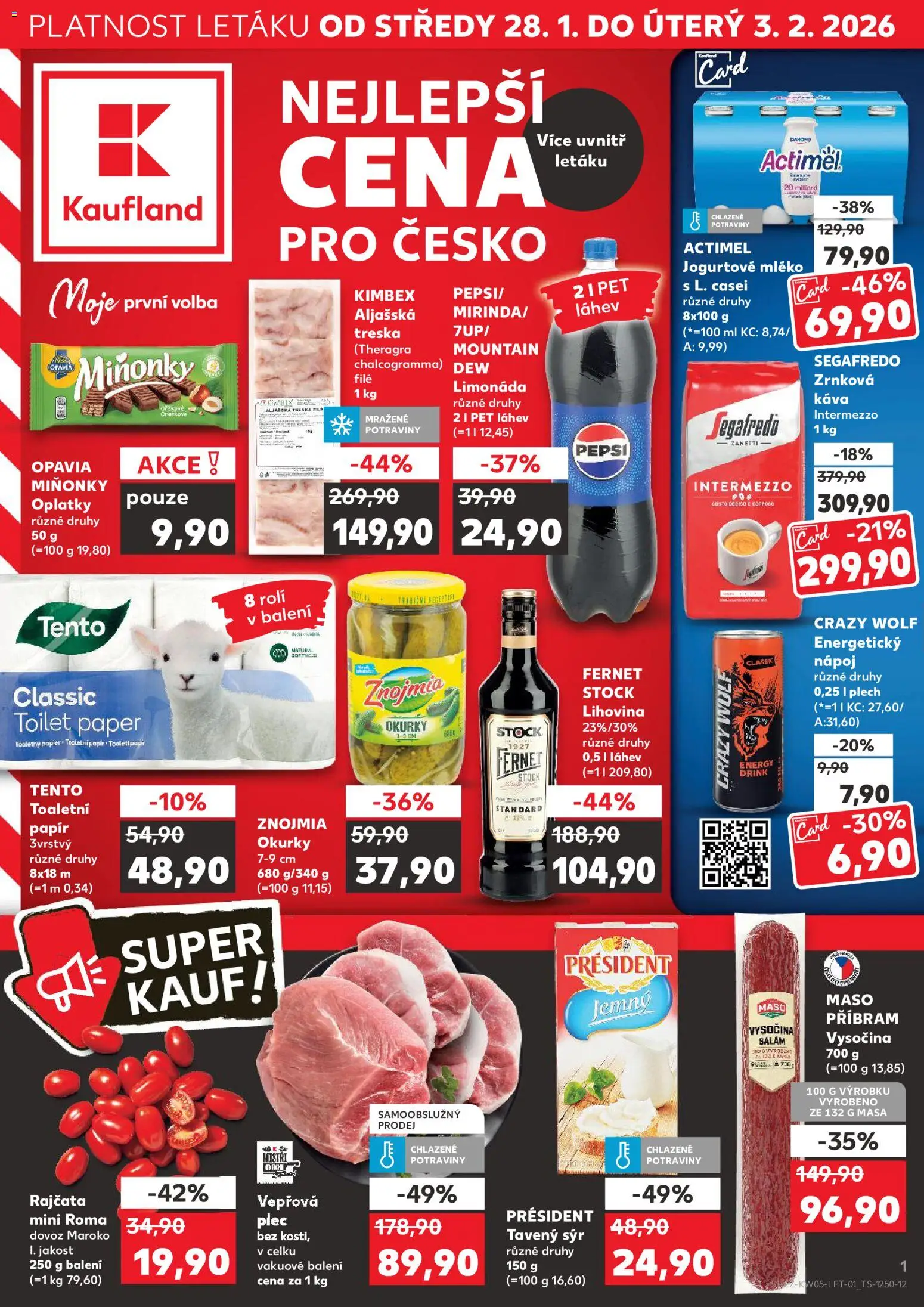 Kaufland leták - Kolín od 28.01.2026 | Strana: 1 | Produkty: Energetický nápoj Crazy Wolf, Toaletní papír, Potraviny, Zrnková káva Intermezzo Segafredo