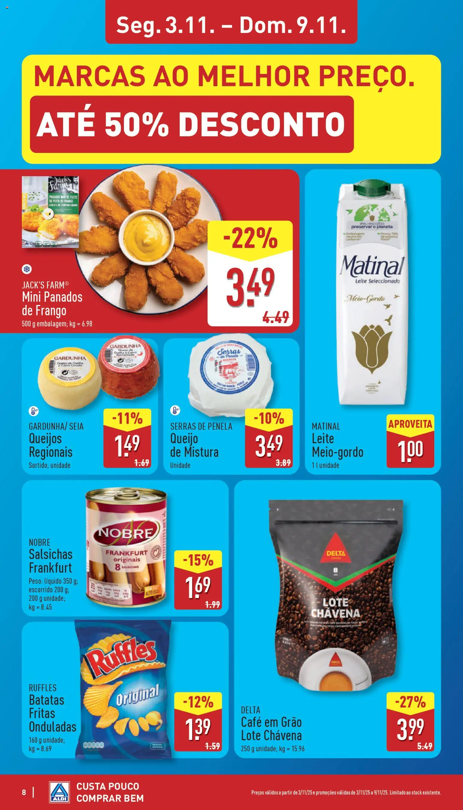 Aldi folheto │ válido de 03.11.2025 | Página: 8 | Produtos: Frango, Leite, Queijo, Café