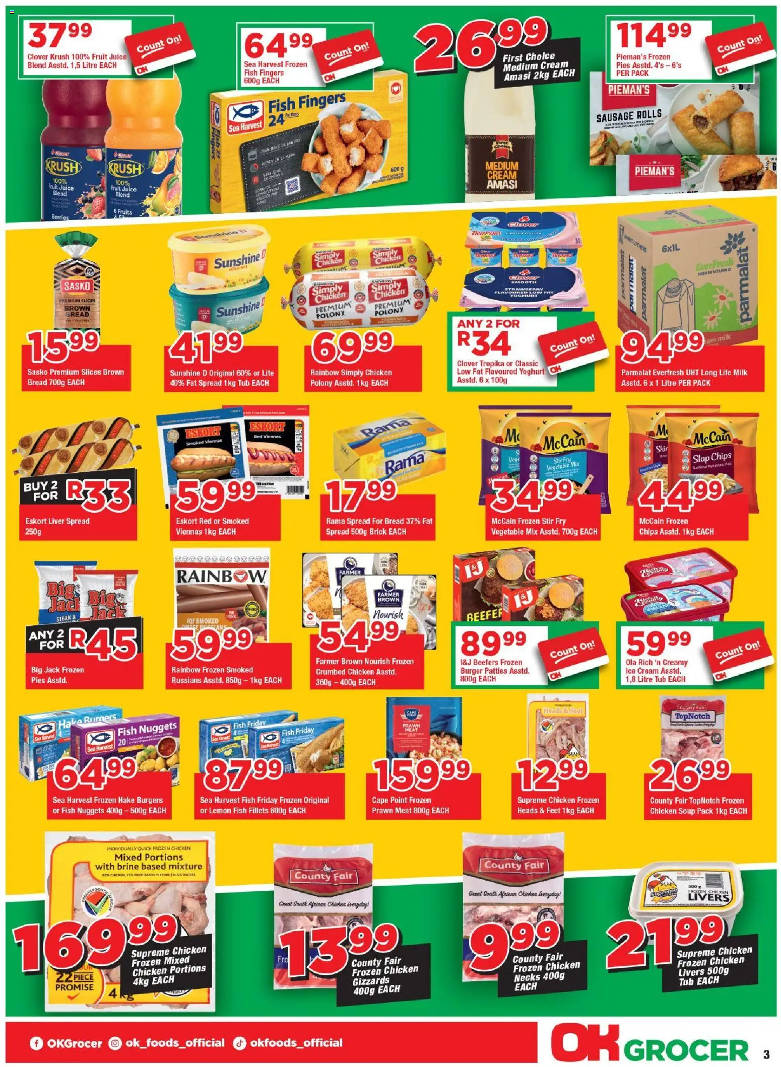 New OK Foods catalogue – valid from 24.04.2026 | Page: 3 | Products: Milk, Juice, Ice cream, Sausage