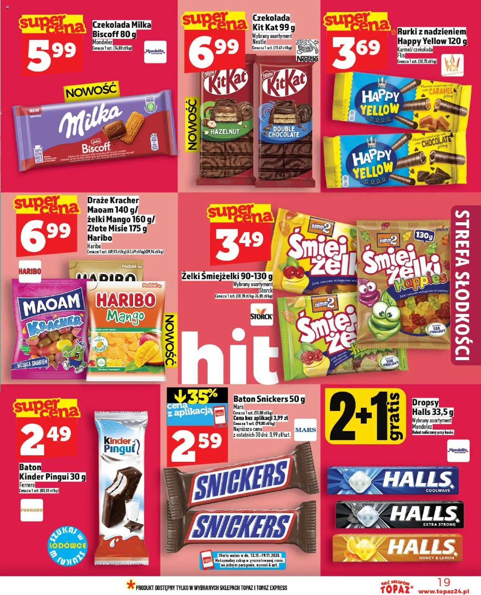 Topaz Gazetka MAZ od 13.11.2025 | Strona: 19 | Produkty: Czekolada milka, Baton, Żelki, Czekolada