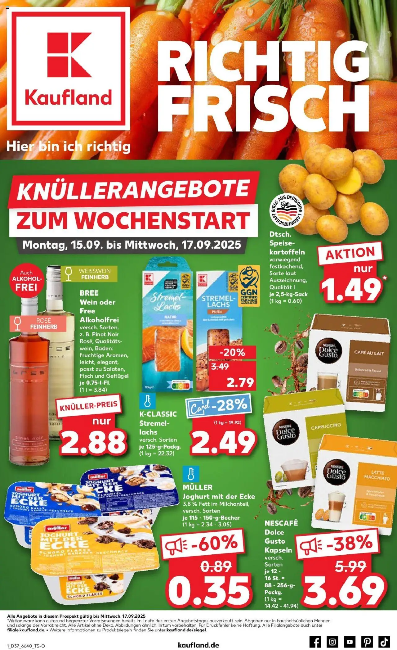 Kaufland prospekt Hauzenberg	 – gültig ab 14.09.2025 | Seite: 1 | Produkte: Weißwein, Lachs, Kartoffeln, Dolce Gusto kapseln