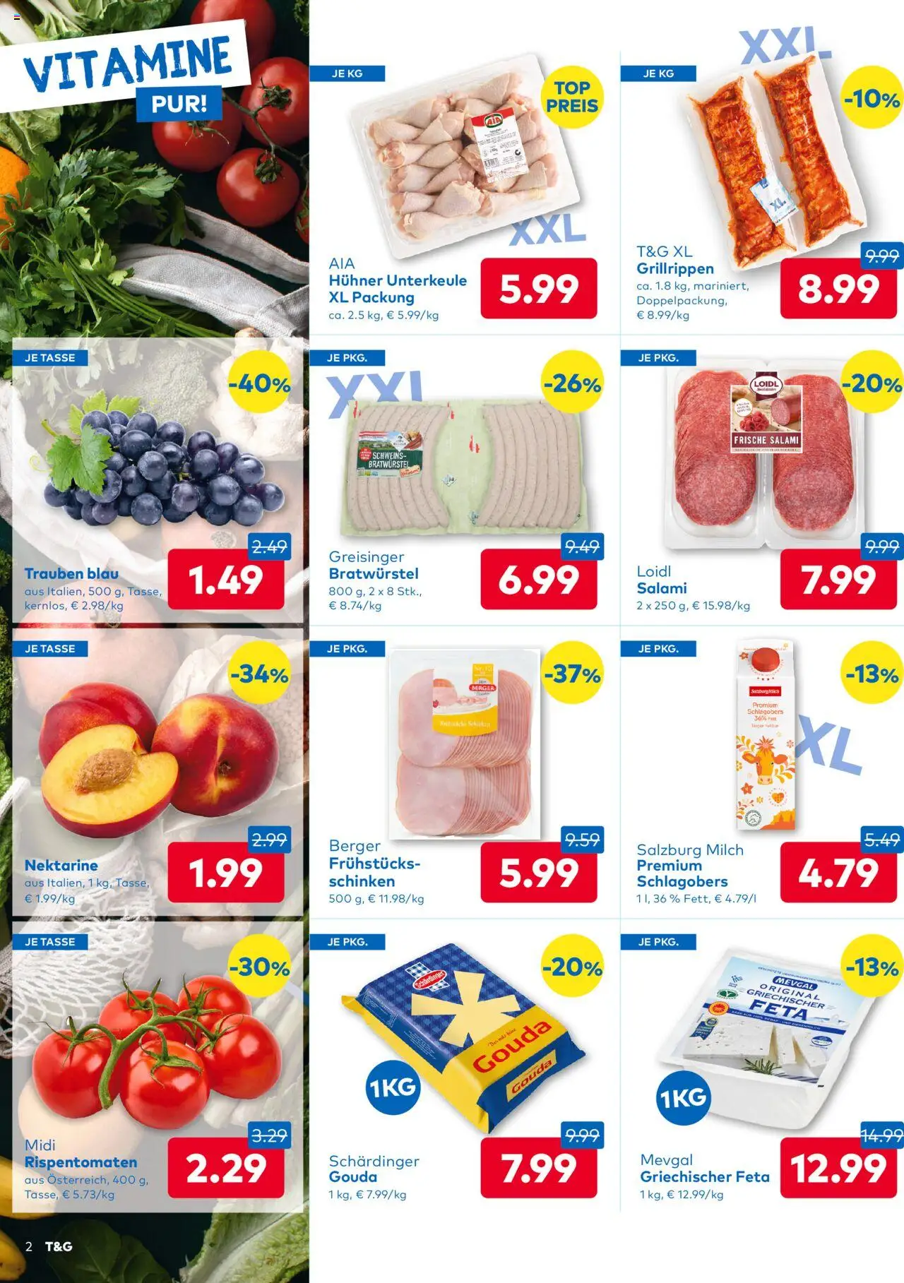 T&G Flugblatt gültig ab 13.08.2025 | Seite: 2 | Produkte: Nektarine, Milch, Salami, Schinken