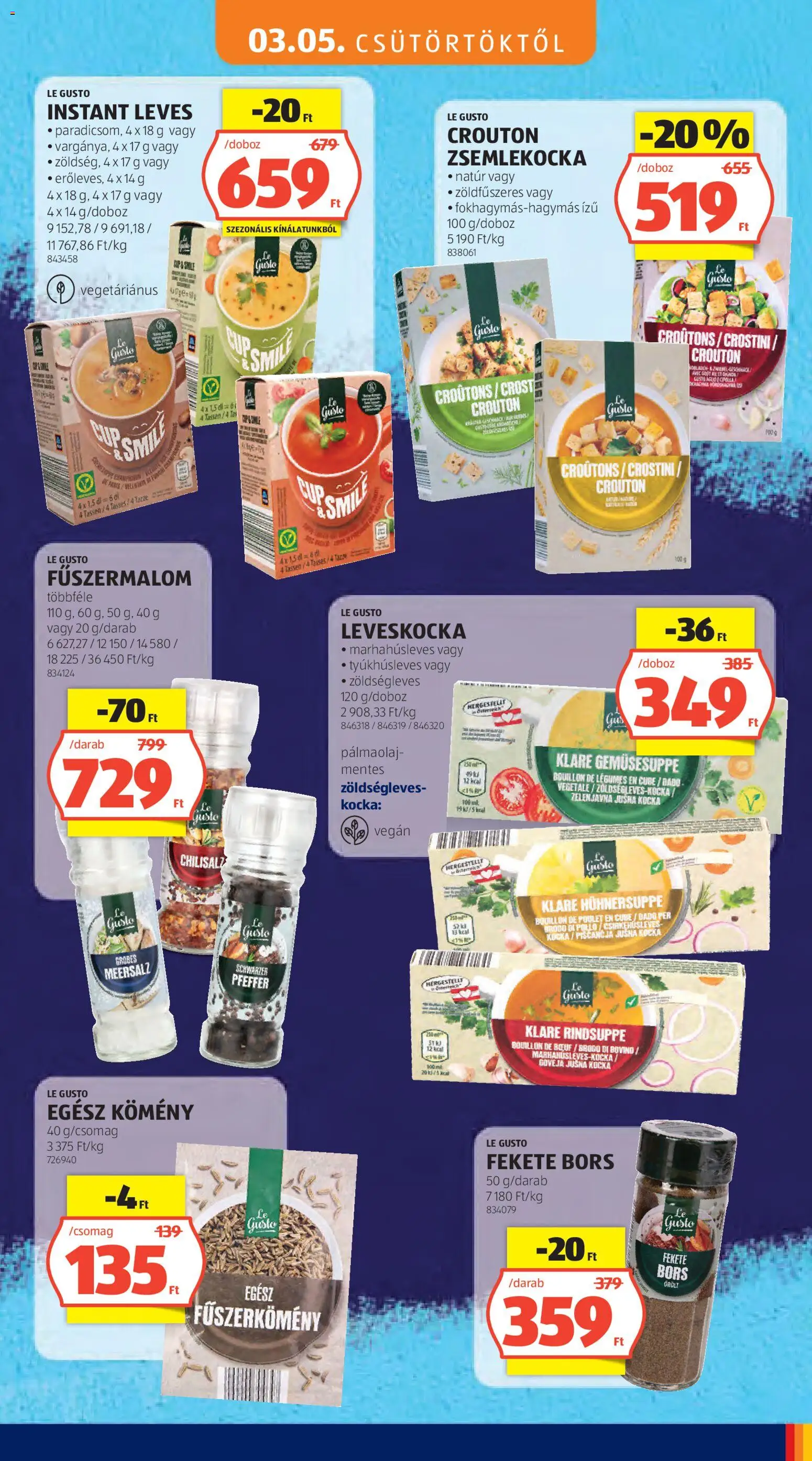 Aldi akciós ujság - amely érvényes a következő dátumtól: 05.03.2026 | Oldal: 23 | Termékek: Leveskocka, Vegán, Bors