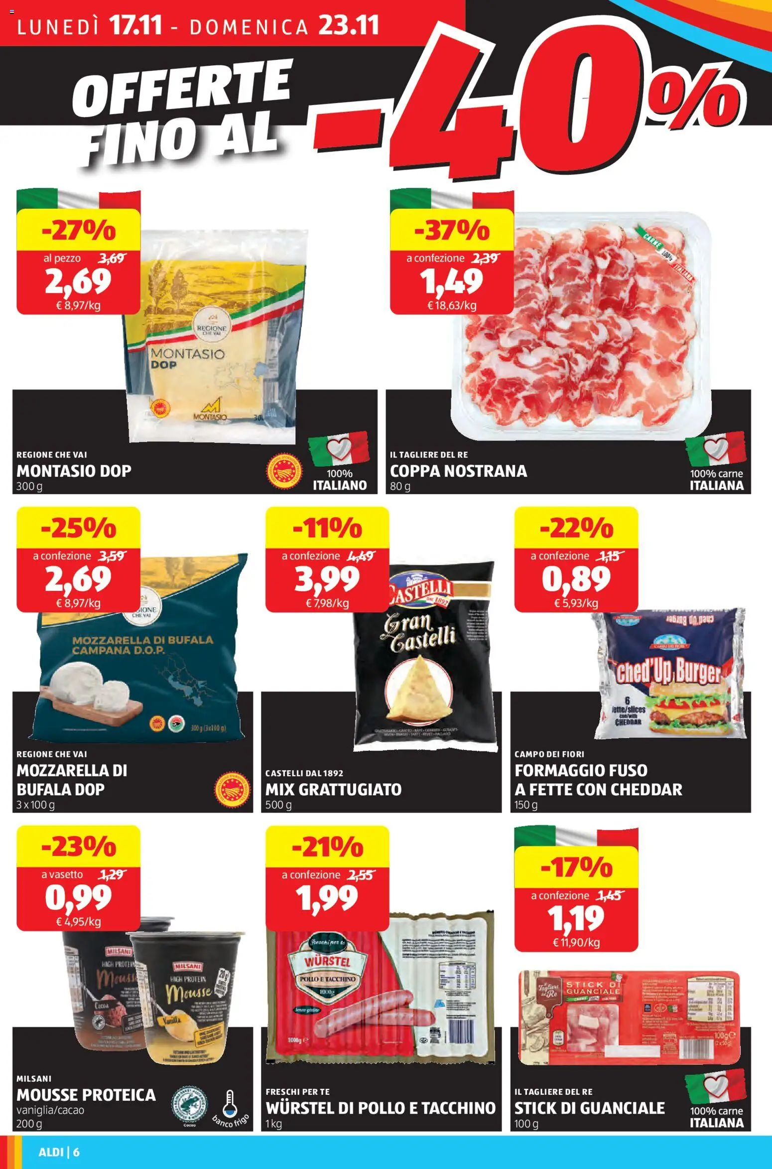 Volantino Aldi del 17.11.2025 | Pagina: 6 | Prodotti: Tè, Mozzarella, Wurstel, Guanciale