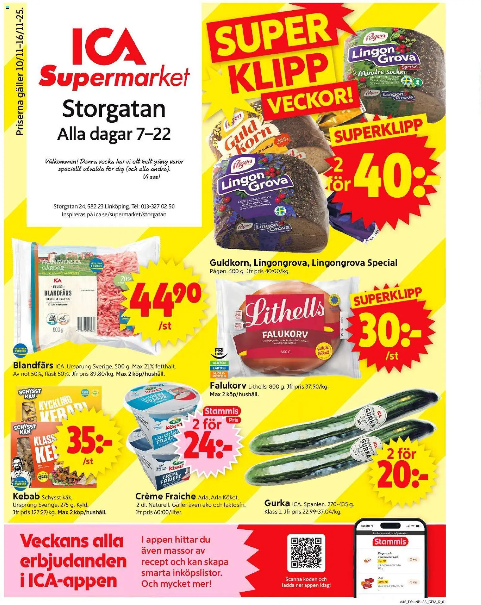 ICA Supermarket reklamblad aktuell från 10.11.2025 | Sida: 1 | Produkter: Lingongrova, Galler, Falukorv, Mjölk