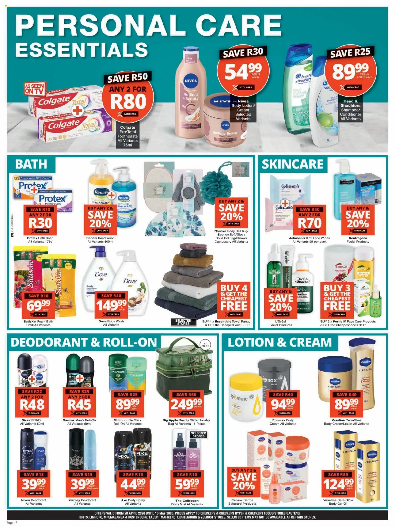New Checkers catalogue – valid from 20.04.2026 | Page: 16 | Products: Bath, Towel, Cream, Lotion