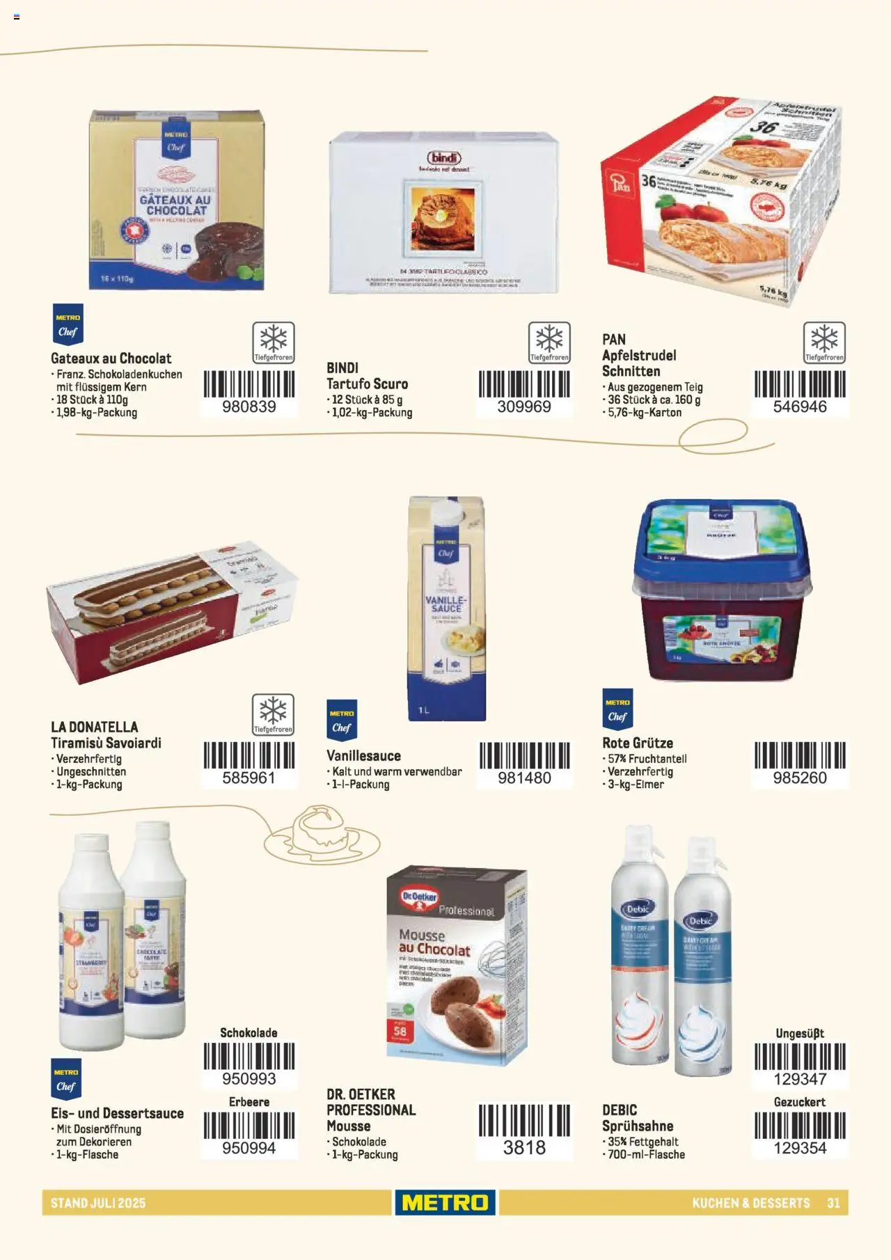 Metro - Sortimentskatalog Lieferservice – gültig ab 31.07.2025 | Seite: 31 | Produkte: Schokolade, Kuchen, Eis