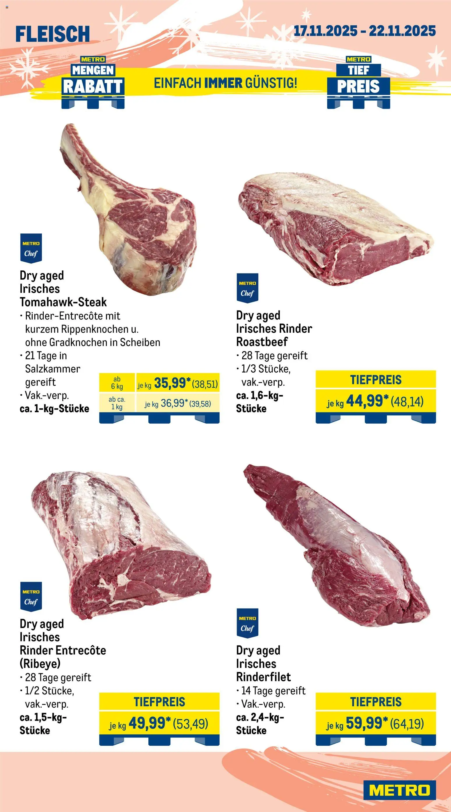 Metro Wochen-Angebote Gastro – gültig ab 17.11.2025 | Seite: 4 | Produkte: Rinderfilet, Entrecote, Roastbeef, Fleisch