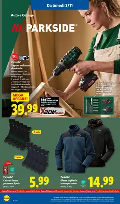 Anteprima del volantino Parkside® Trapano avvitatore ricaricabile, Potente motore con trasmissione a 2 velocità Numero di giri: 1ª velocità: 0-430 min²¹ / 2ª velocità: 0-1500 min¹ Livelli di selezione della coppia: 25 + 1 livello per forare Max. coppia: 45 Nm valido a partire dal 03.11.2025 | Pagina: 32