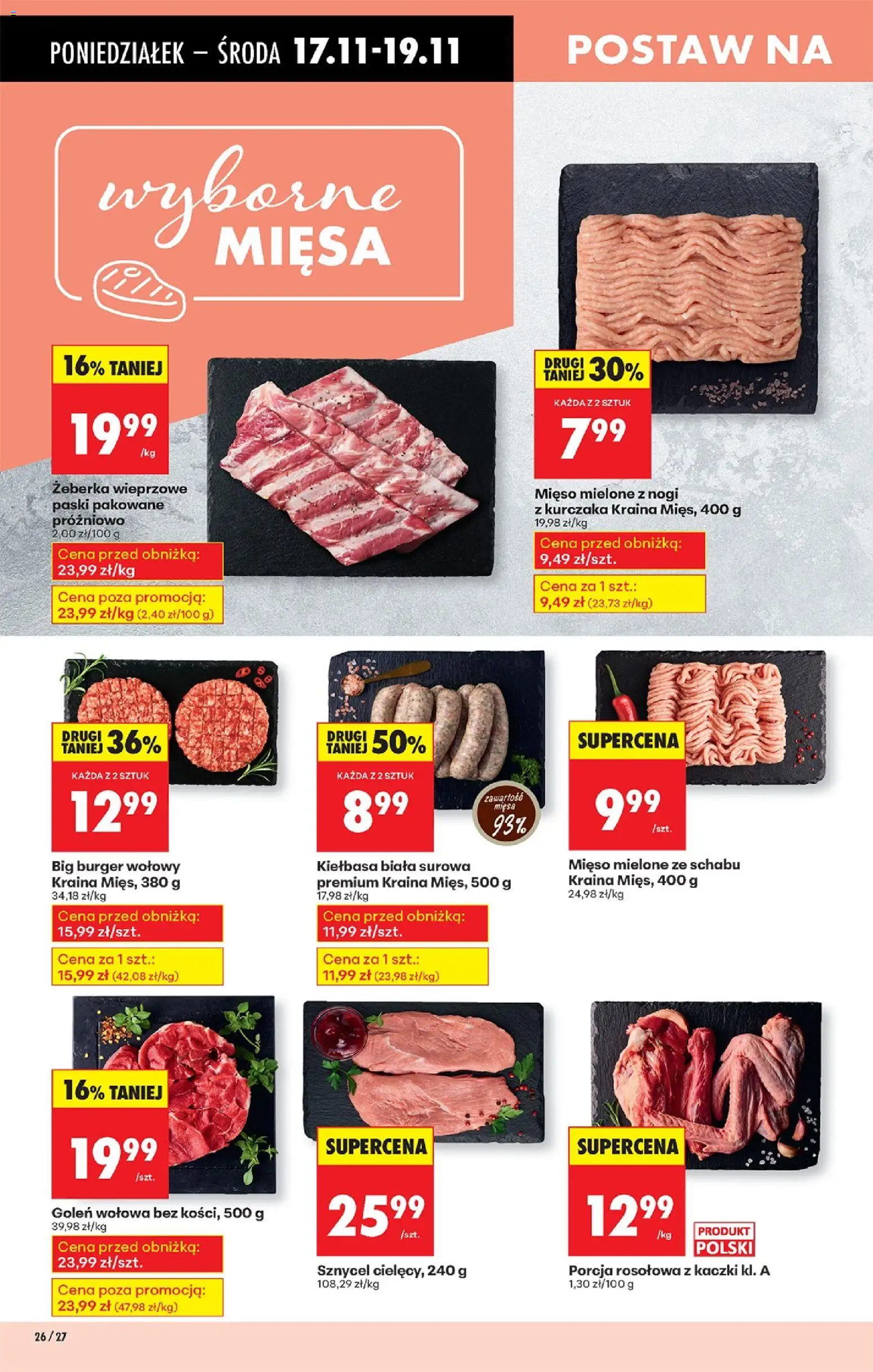 Biedronka gazetka od 17.11.2025 | Strona: 32 | Produkty: Kiełbasa, Burger wołowy, Kraina mięs, Mięso mielone