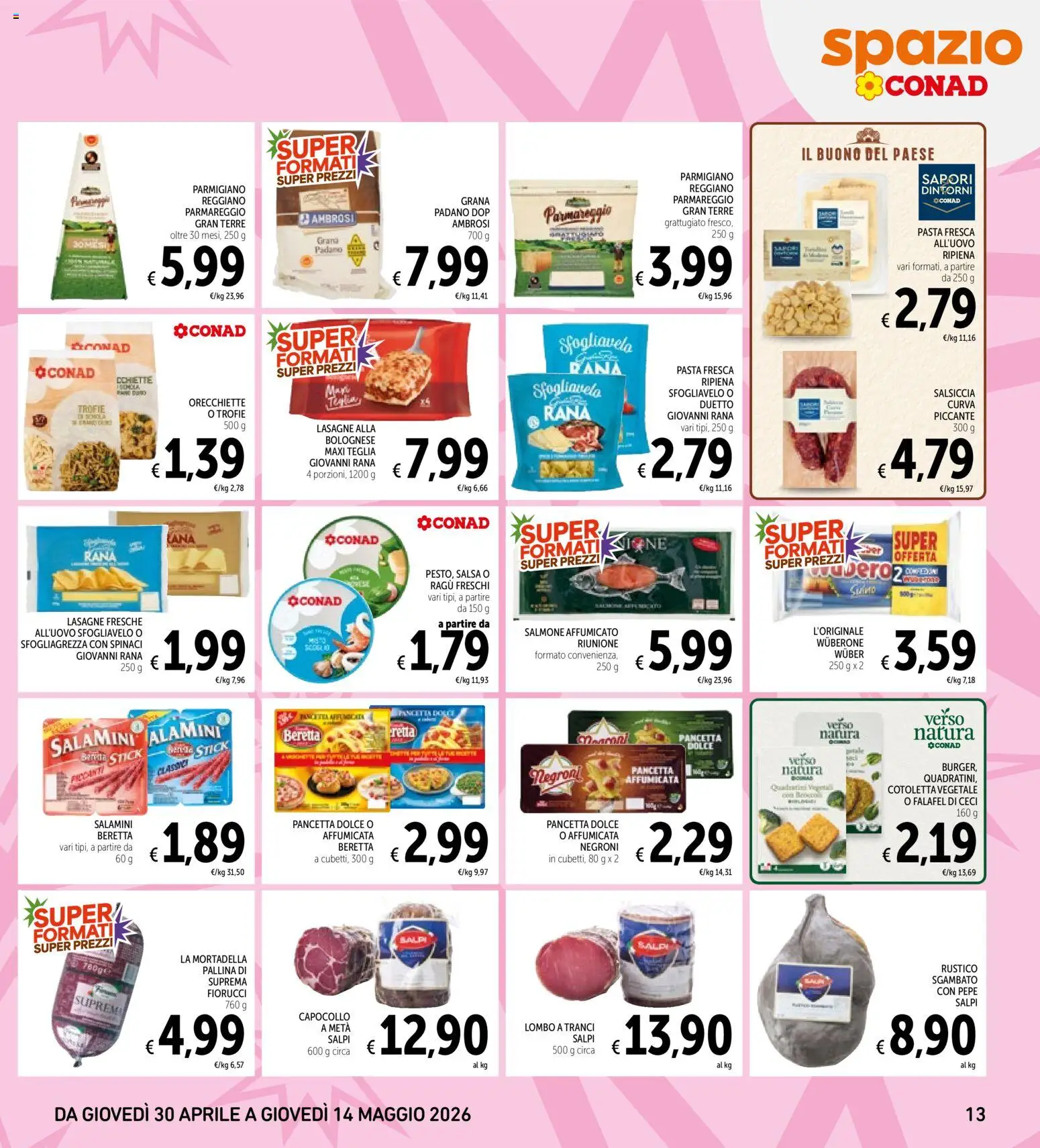 Volantino Spazio Conad del 30.04.2026 | Pagina: 13 | Prodotti: Pancetta, Spinaci, Parmigiano reggiano, Parmigiano