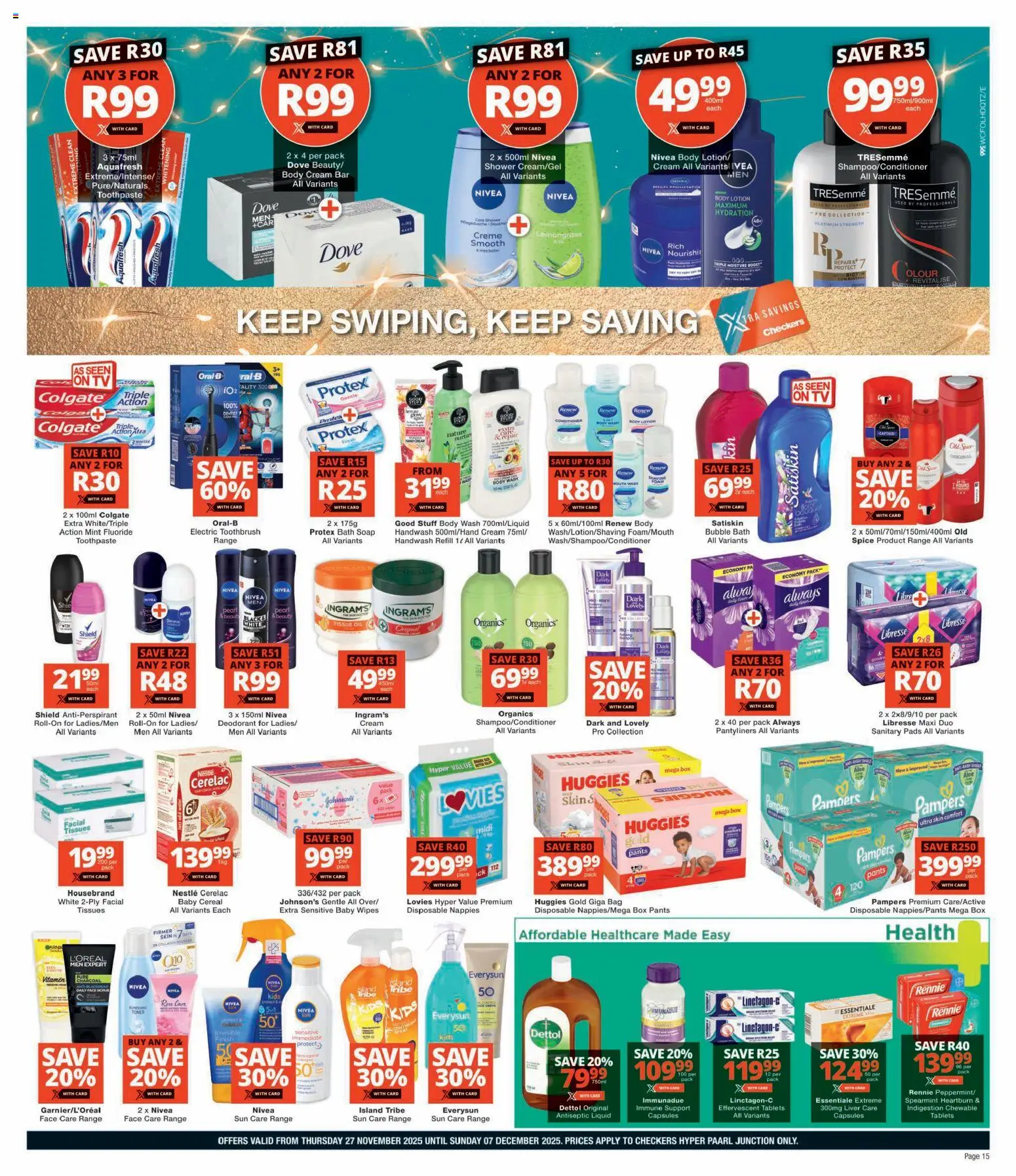 New Checkers catalogue – valid from 27.11.2025 | Page: 15 | Products: Handwash, Soap, Antiperspirant, Toothpaste