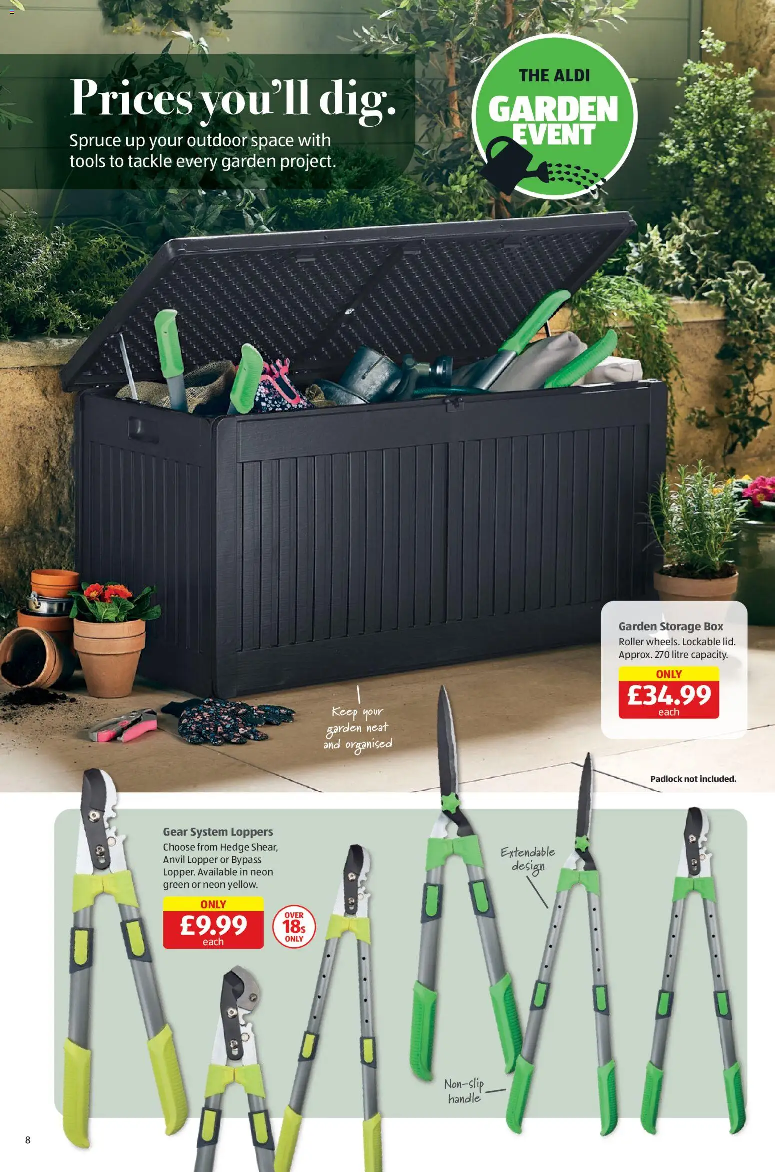 {H1} | Page: 8 | Products: Anvil lopper, Handle, Storage box, Garden storage box