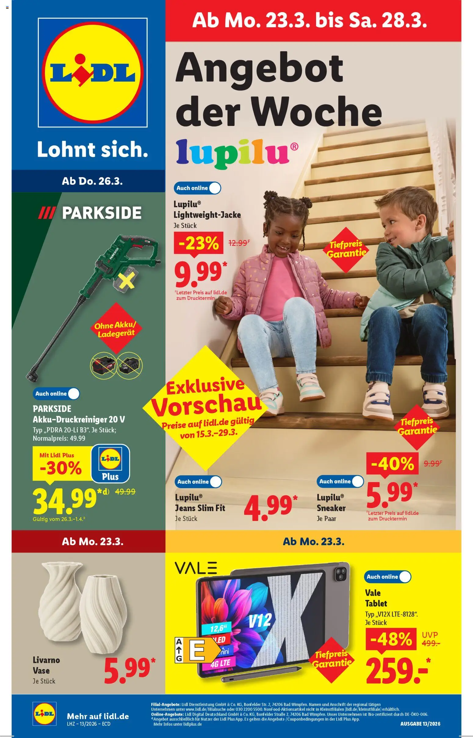 Lidl Prospekt – gültig ab 23.03.2026 | Seite: 1 | Produkte: Bad, Jeans, Ladegerät, Tablet
