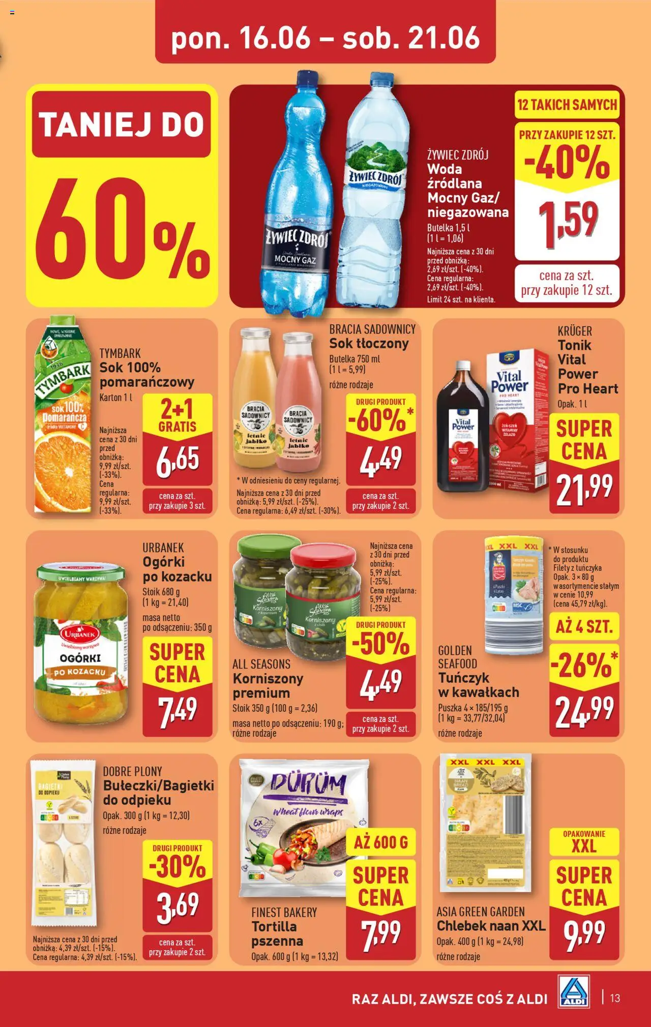 Aldi Gazetka od 16.06.2025 | Strona: 13 | Produkty: Sok, Woda, Warzywa, Tonik