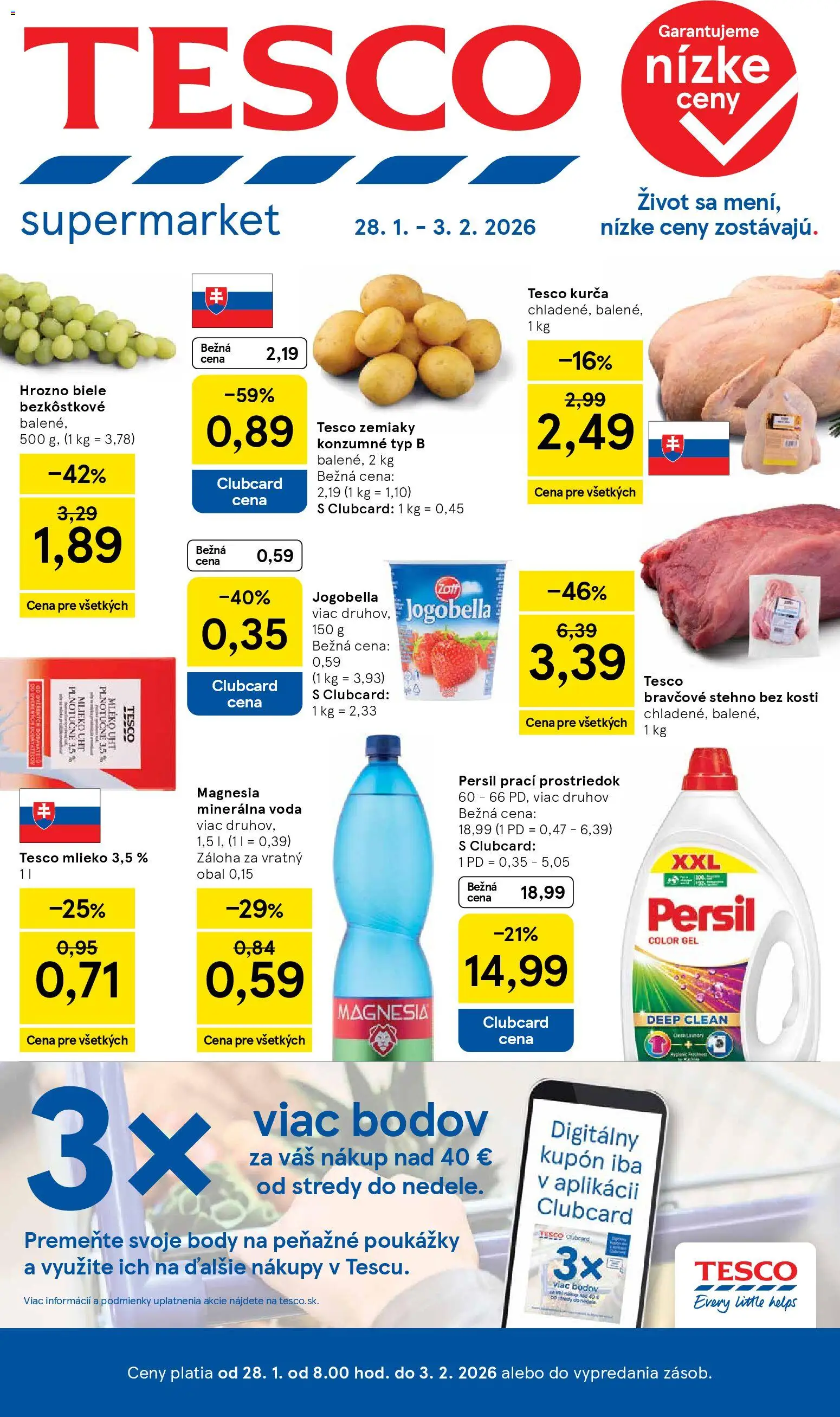 Nové Tesco akcie – leták je platný od 28.01.2026 | Strana: 1 | Produkty: Persil, Bravčové stehno, Minerálna voda, Kurča