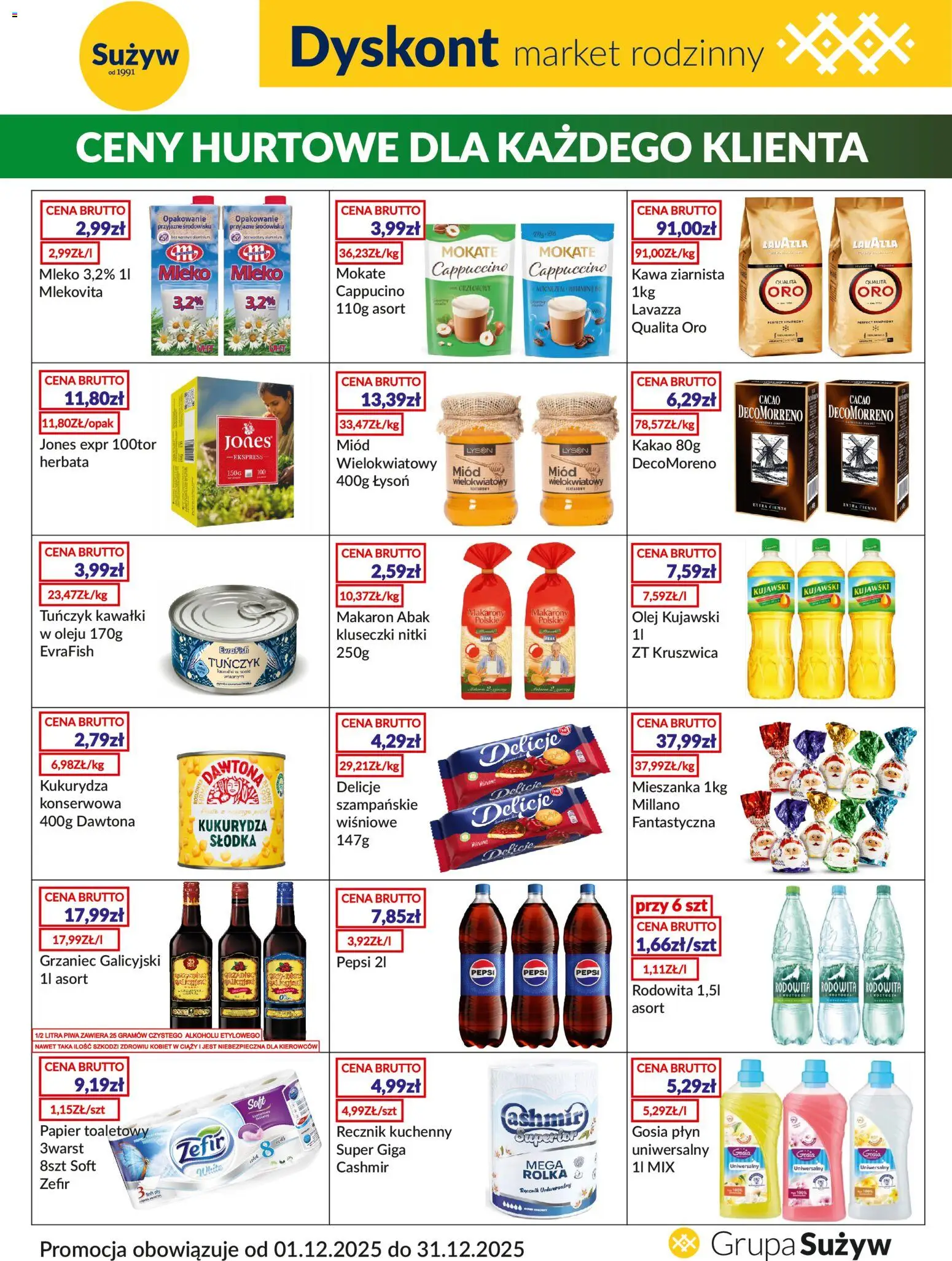 Sużyw Gazetka - Dyskont od 01.12.2025 | Strona: 1 | Produkty: Kakao, Olej kujawski, Olej, Makarony