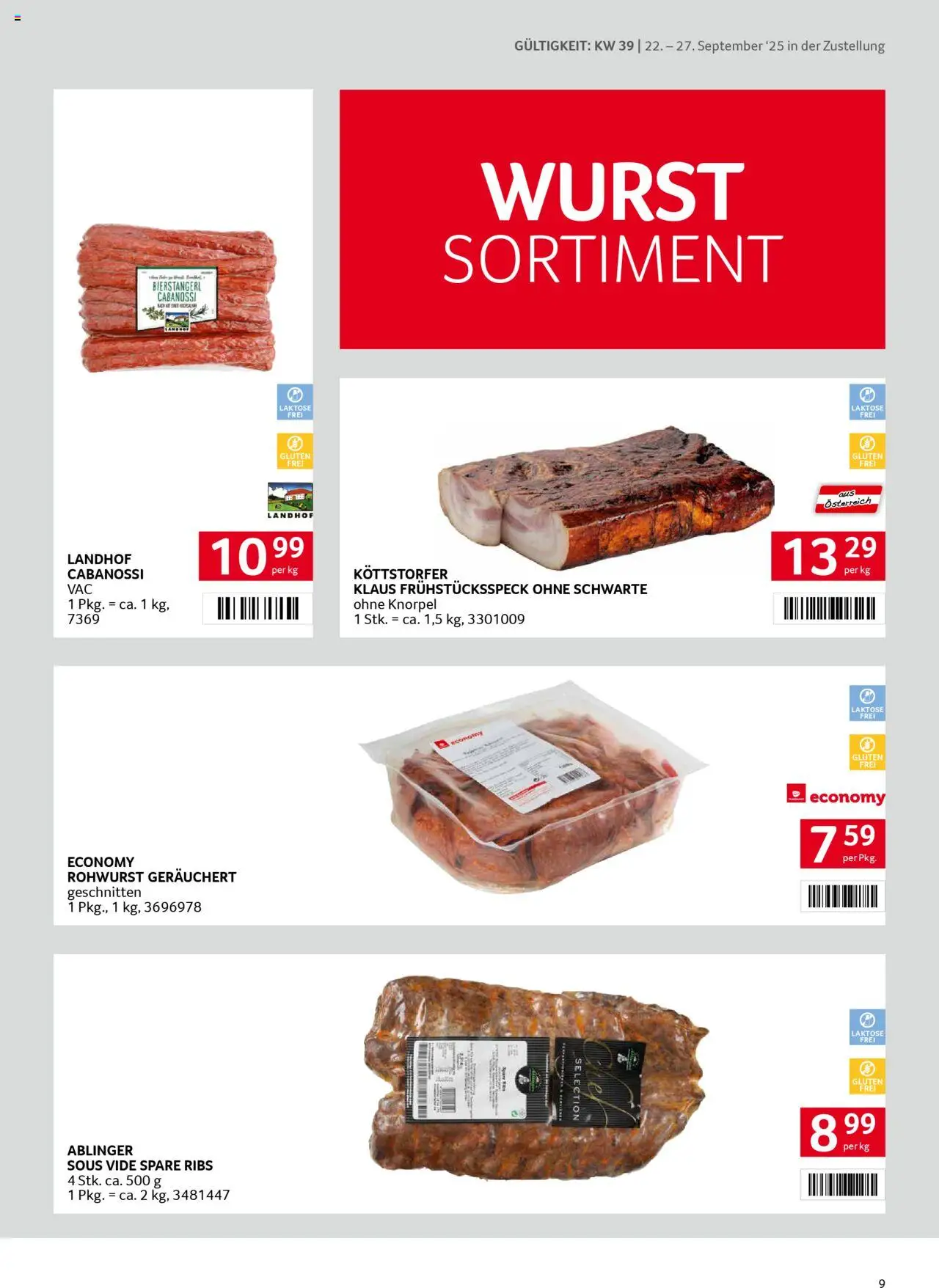 Transgourmet Zustellaktion gültig ab 22.09.2025 | Seite: 9 | Produkte: Wurst