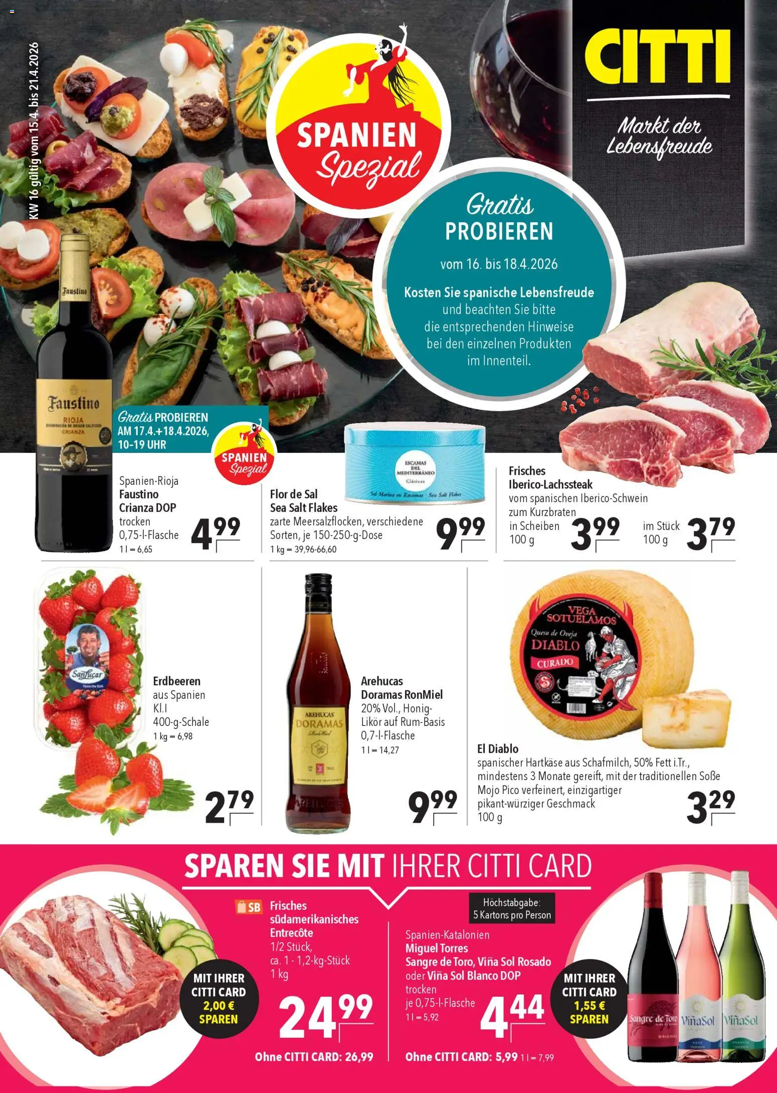 CITTI Markt Prospekt 	 – gültig ab 15.04.2026 | Seite: 1 | Produkte: Entrecote, Soße, Erdbeeren, Uhr
