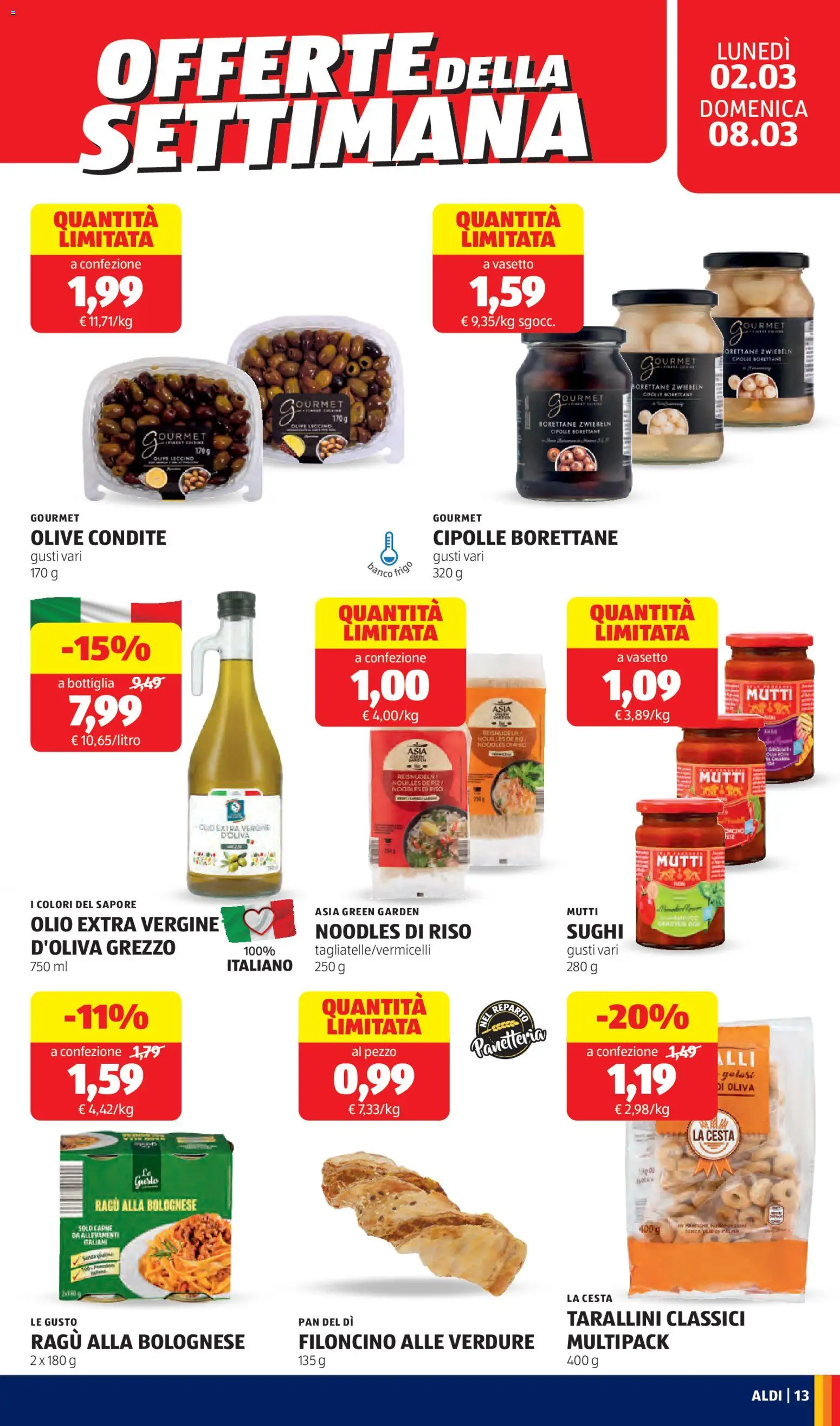 Volantino Aldi del 02.03.2026 | Pagina: 13 | Prodotti: Cipolle, Olio, Mutti, Bottiglia