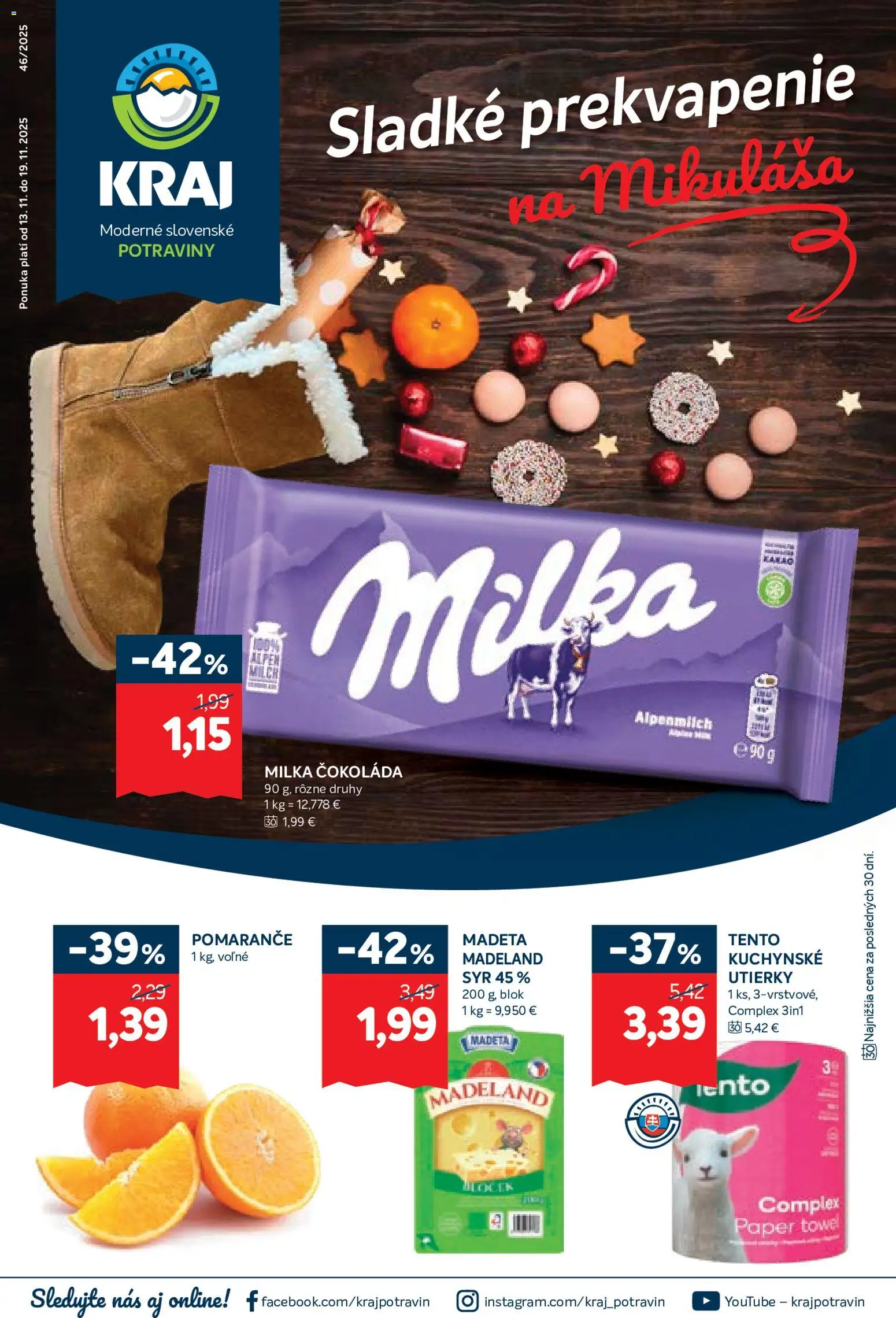 Nové Kraj akcie – leták je platný od 13.11.2025 | Strana: 1 | Produkty: Syr, Pomaranče, Čokoláda, Milka