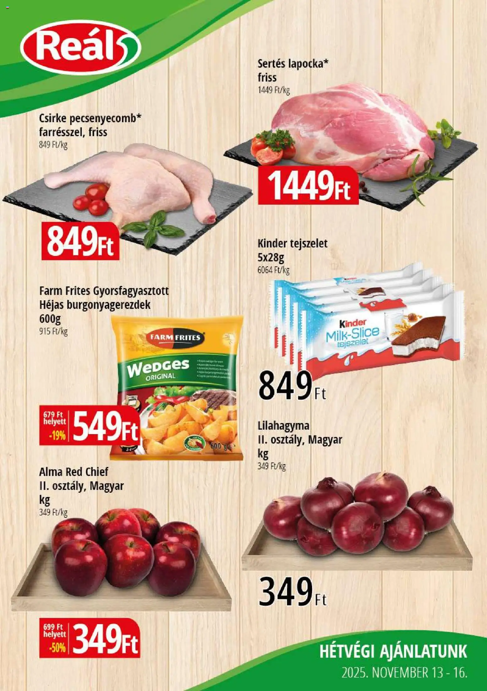 Reál akciós ujság - amely érvényes a következő dátumtól: 13.11.2025 | Oldal: 1 | Termékek: Tejszelet, Alma