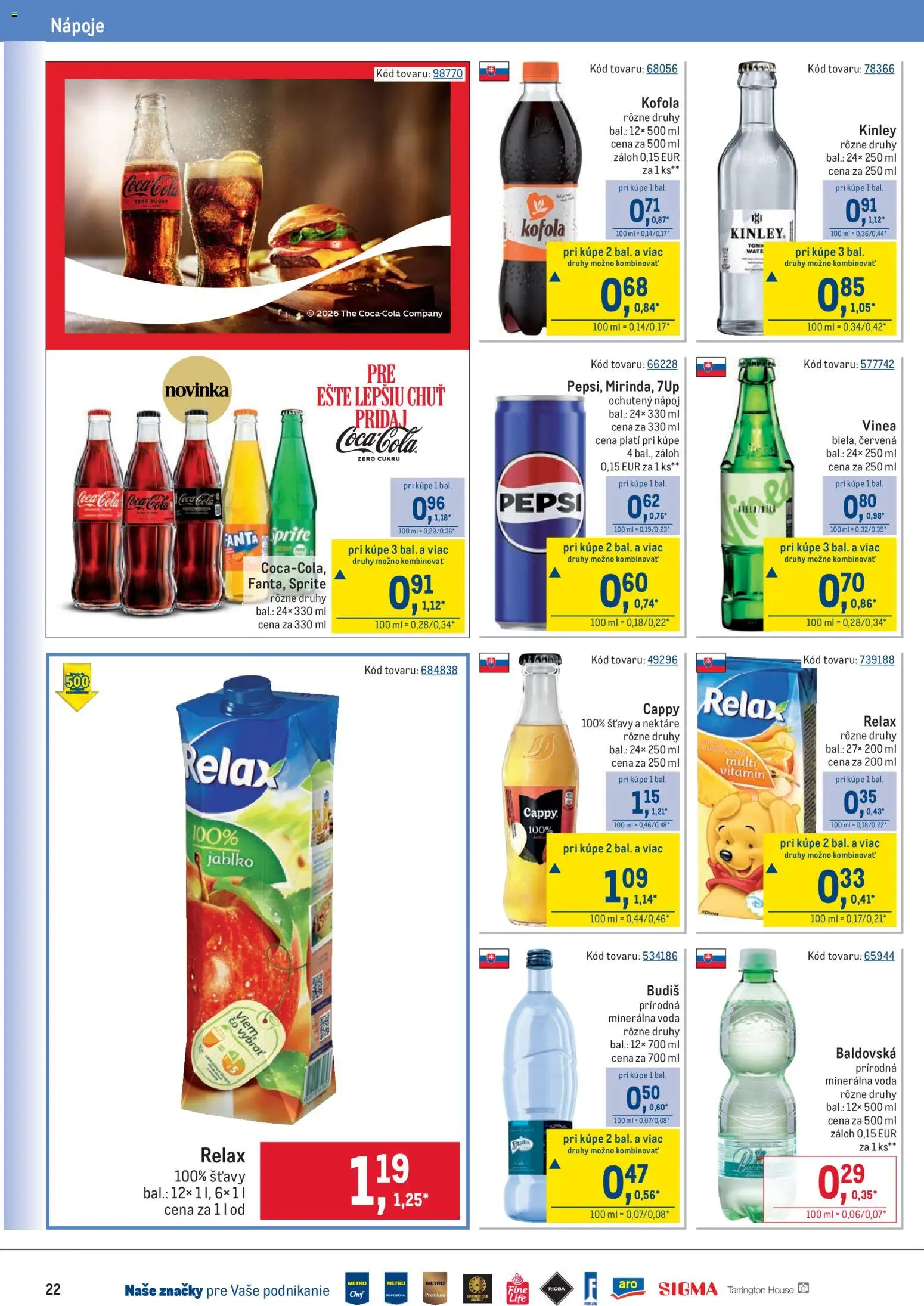 Nové Metro akcie – leták je platný od 25.03.2026 | Strana: 22 | Produkty: Kofola, Coca cola, Minerálna voda, Vinea