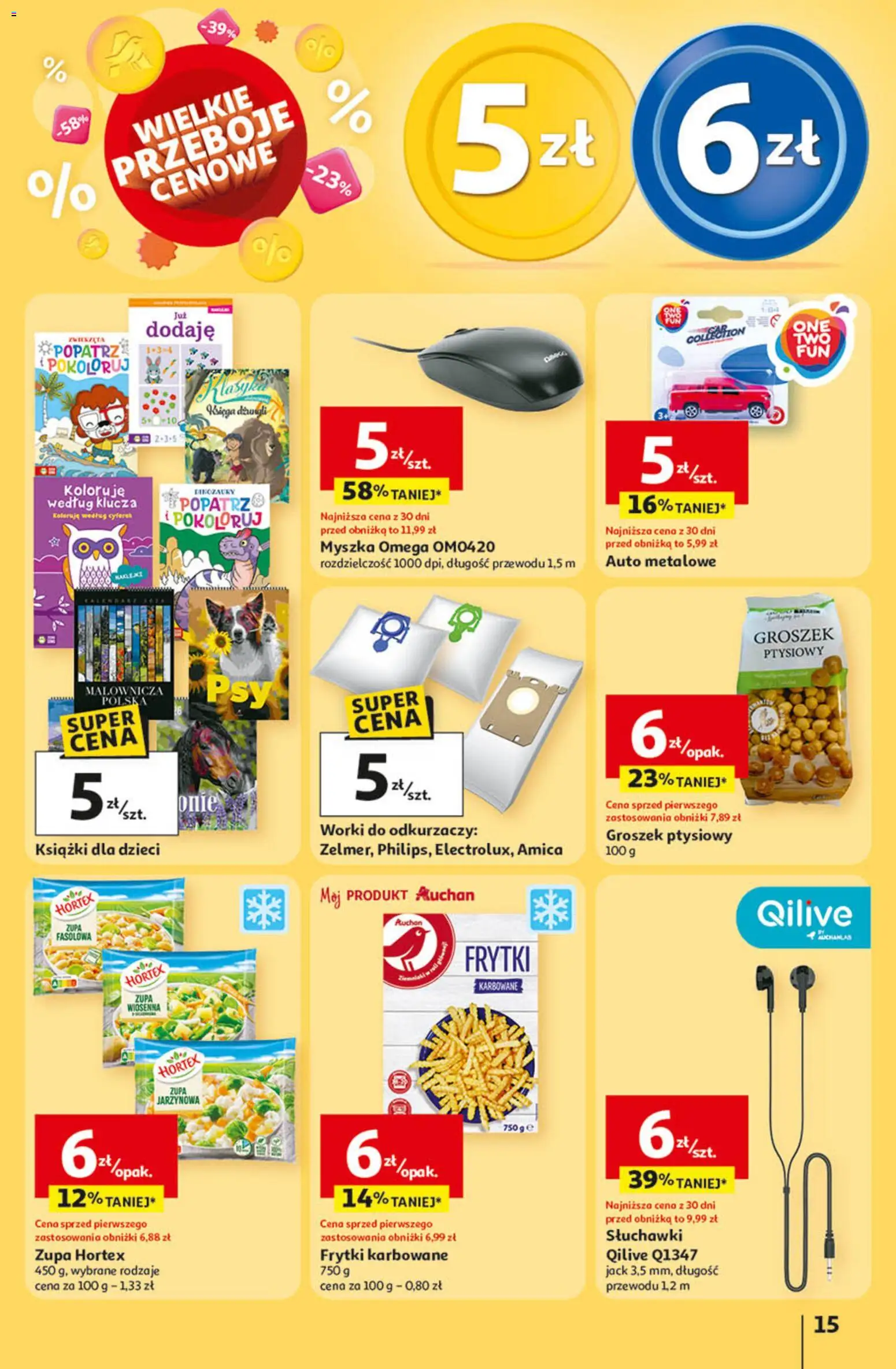 Auchan Gazetka - Wielkie Przeboje Cenowe Hipermarket od 02.01.2026 | Strona: 15 | Produkty: Groszek, Słuchawki, Groszek ptysiowy, Frytki karbowane