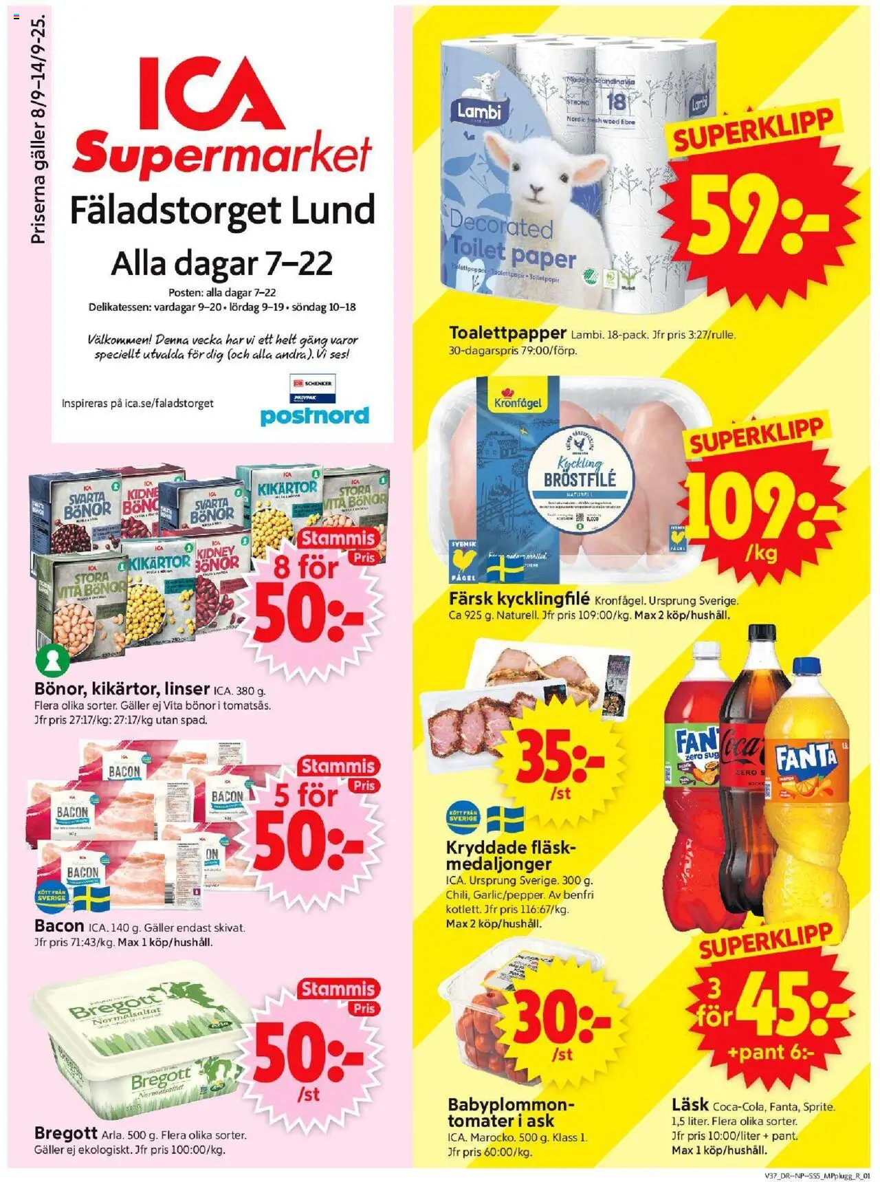 ICA Supermarket reklamblad aktuell från 08.09.2025 | Sida: 1 | Produkter: Linser, Toalettpapper, Fanta, Fläsk